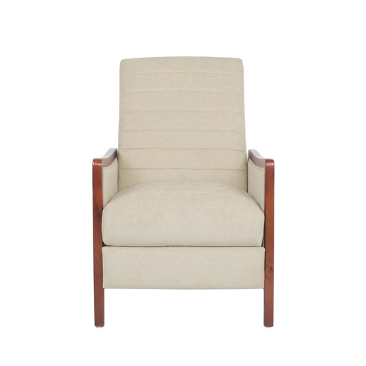 Mid Century Modern Fabric Channel Stitch Wood Pushback Recliner in Sand Color - 1st Choice Furniture Direct