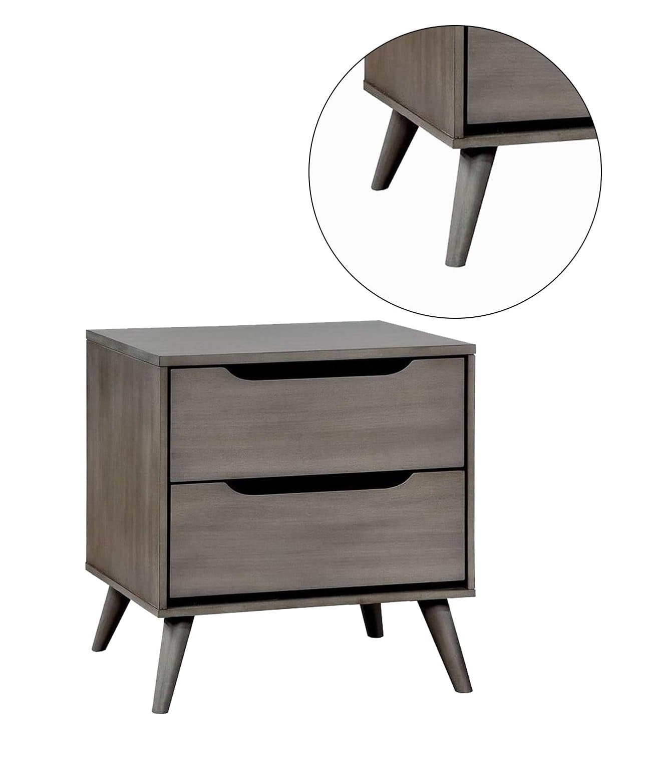 Mid - Century Modern Gray Color 1pc Nightstand Bedroom Furniture Solid wood Round Tapered Legs 2 - Drawers Bedside Table - 1st Choice Furniture Direct