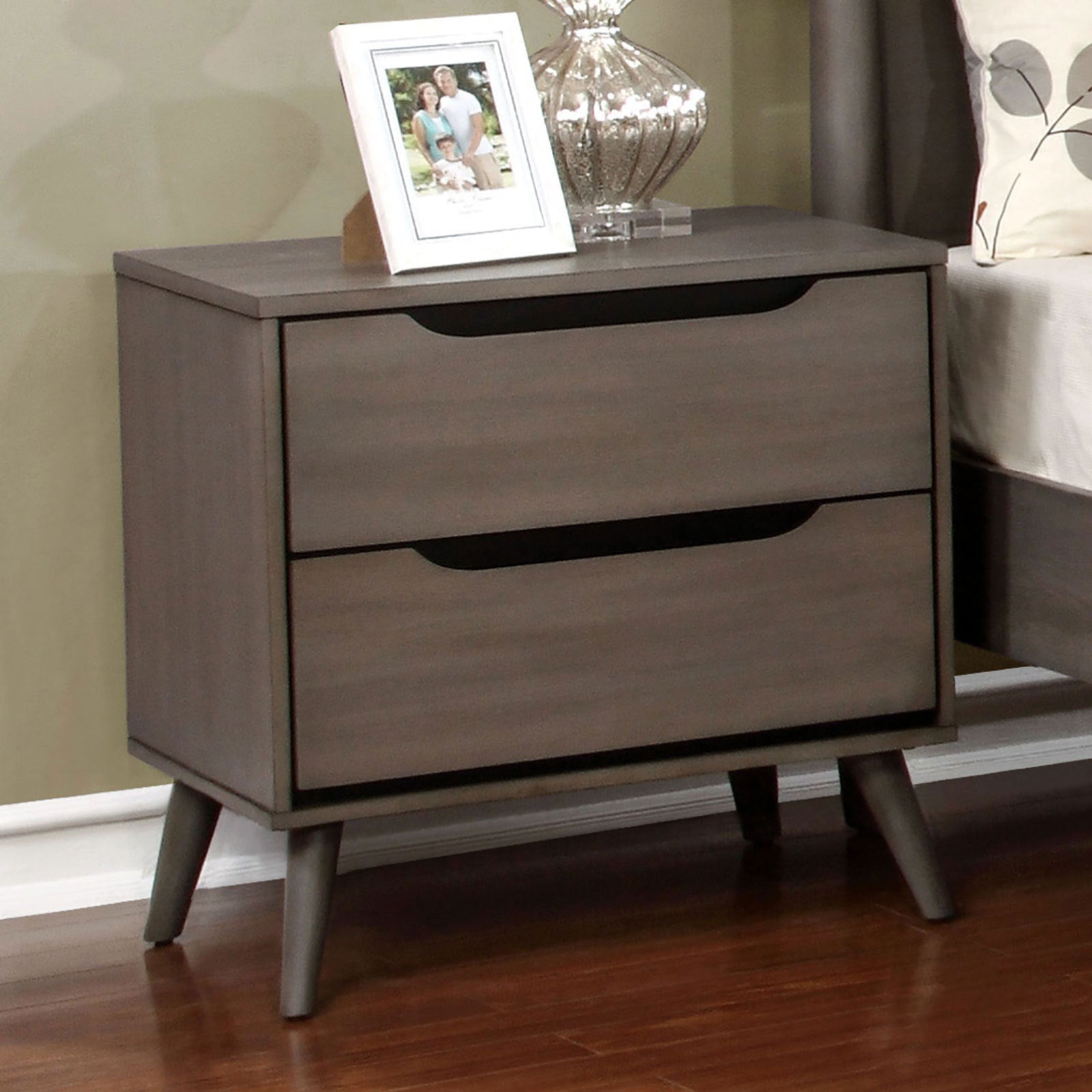 Mid - Century Modern Gray Nightstand | 2 Drawer Solid Wood Bedside Table - 1st Choice Furniture Direct