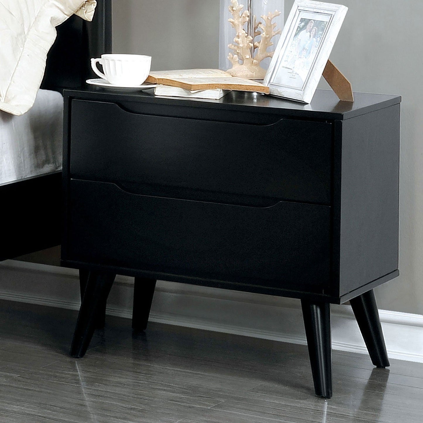Mid - Century Modern Nightstand Black | 2 Drawer Solid Wood Bedside Table - 1st Choice Furniture Direct