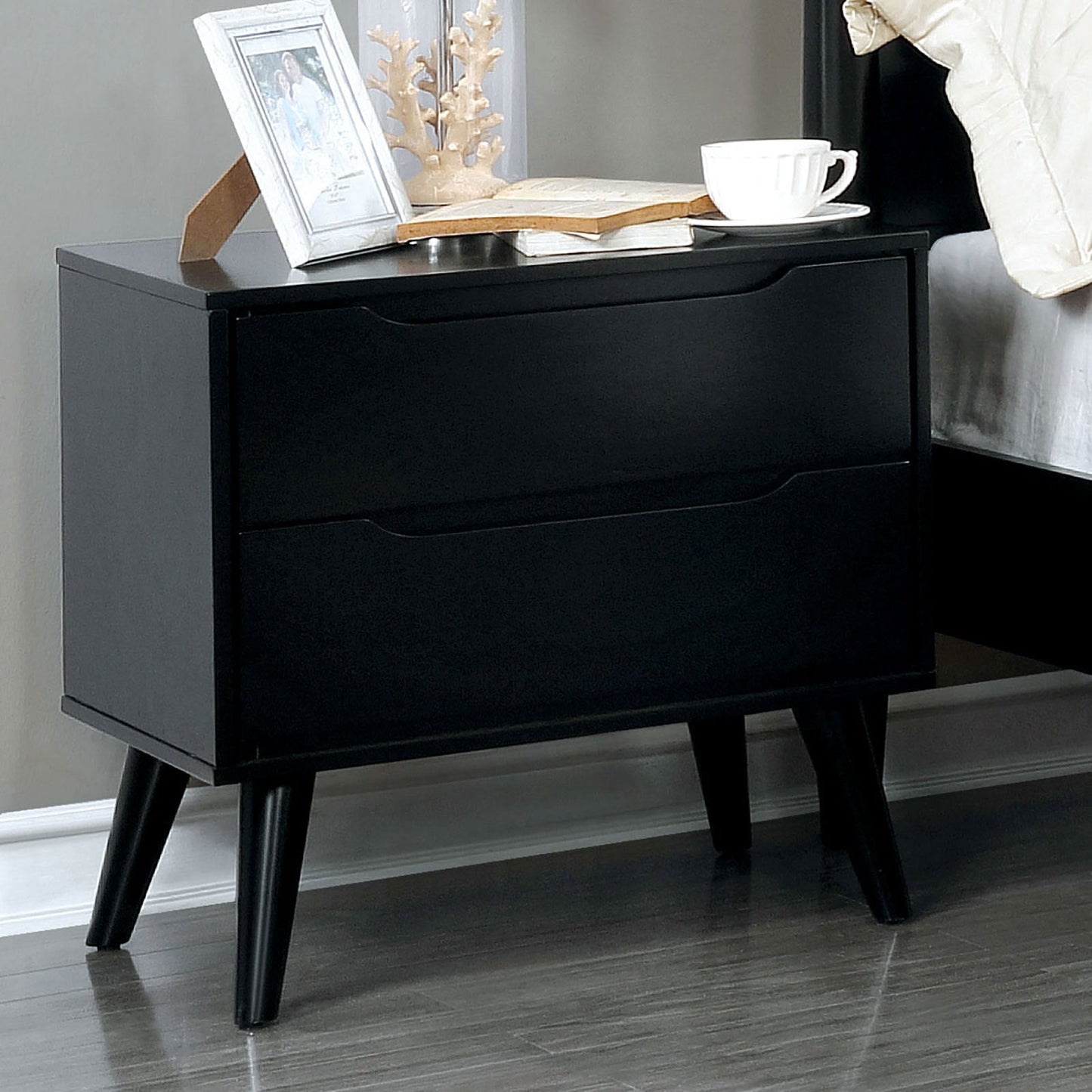 Mid - Century Modern Nightstand Black | 2 Drawer Solid Wood Bedside Table - 1st Choice Furniture Direct