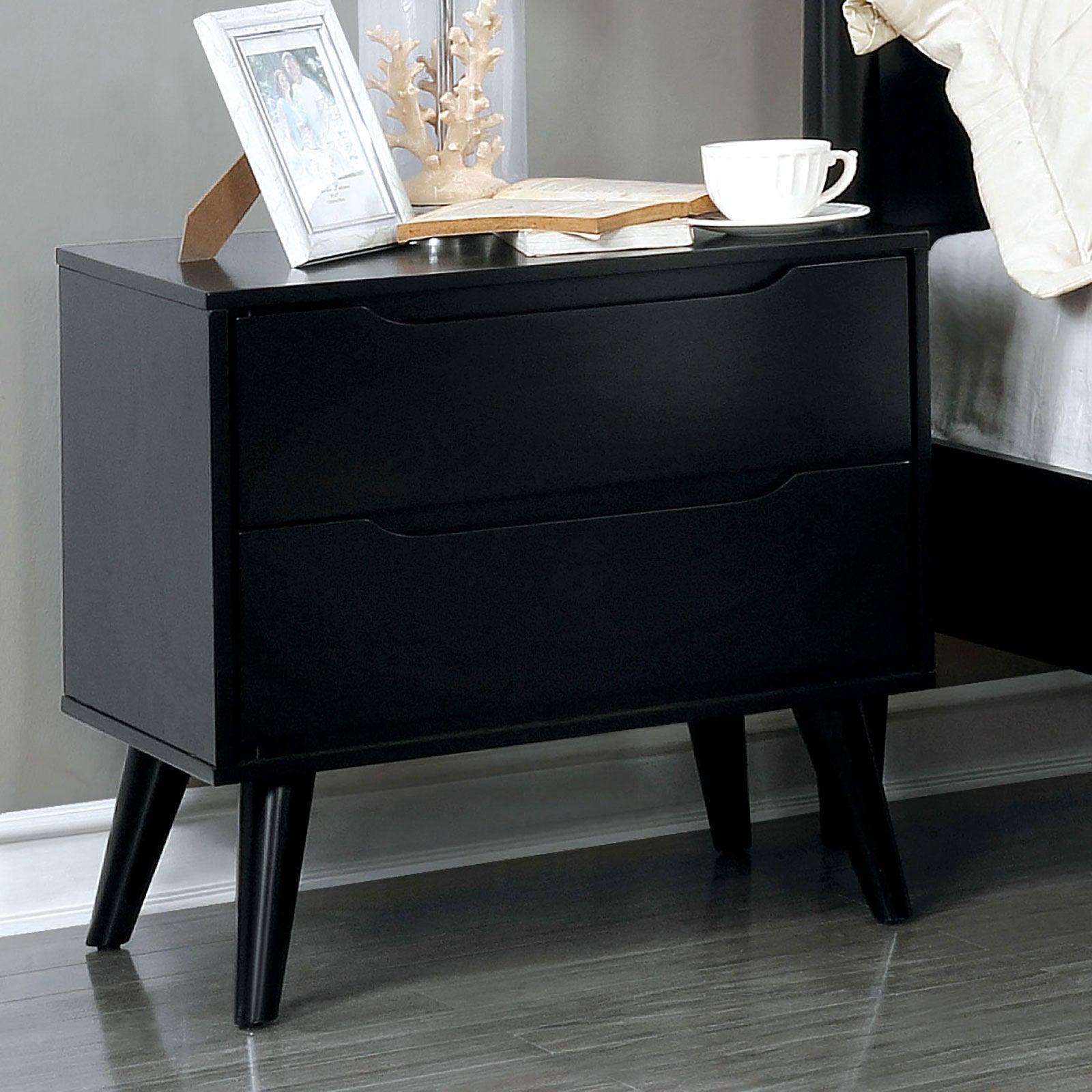 Mid - Century Modern Nightstand Black | 2 Drawer Solid Wood Bedside Table - 1st Choice Furniture Direct