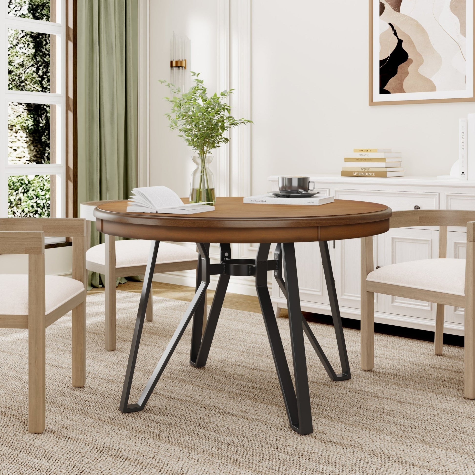 Mid - Century Modern Round Dining Table with Metal Legs and Open Shelf in Light Ash - 1st Choice Furniture Direct