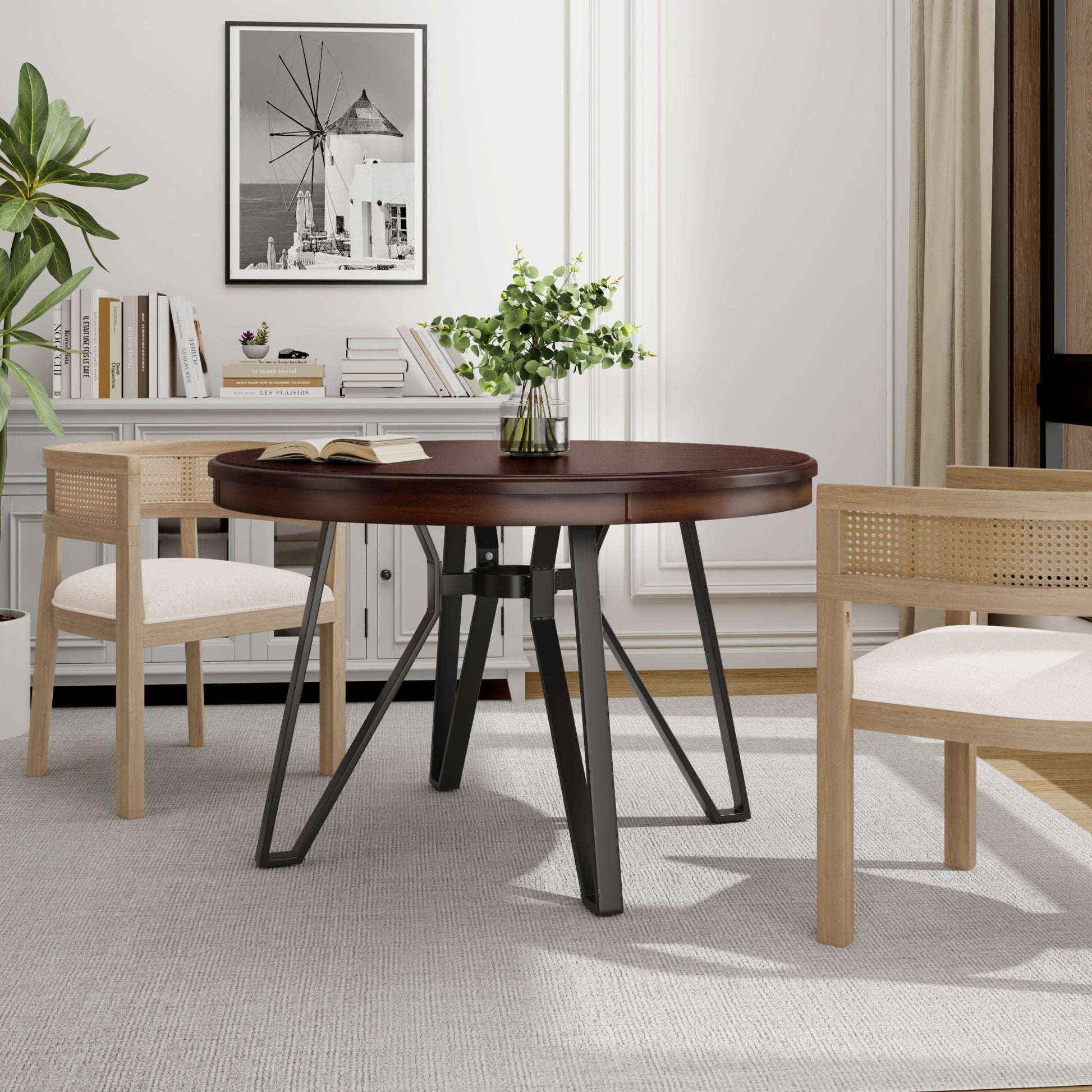 Mid - Century Modern Round Dining Table with Metal Legs and Shelf, Brown MDF, 46.85 inches - 1st Choice Furniture Direct