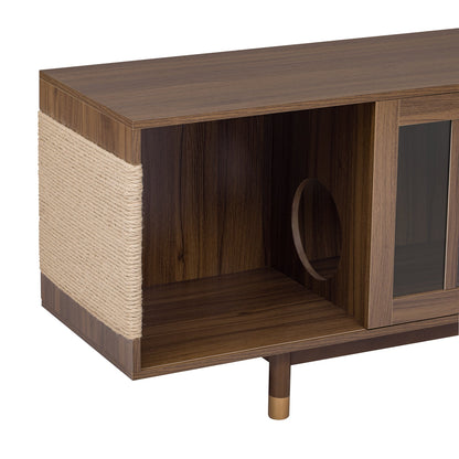 Mid - Century Modern style 2 IN 1 Cat Furniture 74' Walnut TV STAND with Sliding Flip - down glass door, Cat house Litter Box With Sisal Scratcher Board - 1st Choice Furniture Direct