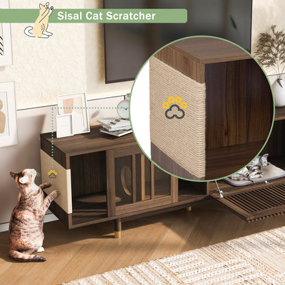 Mid - Century Modern style 2 IN 1 Cat Furniture 74' Walnut TV STAND with Sliding Flip - down glass door, Cat house Litter Box With Sisal Scratcher Board - 1st Choice Furniture Direct