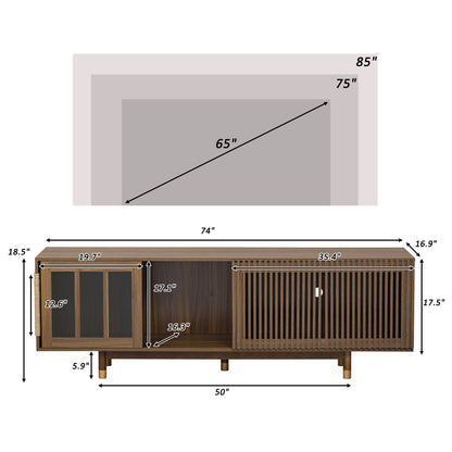 Mid - Century Modern style 2 IN 1 Cat Furniture 74' Walnut TV STAND with Sliding Flip - down glass door, Cat house Litter Box With Sisal Scratcher Board - 1st Choice Furniture Direct