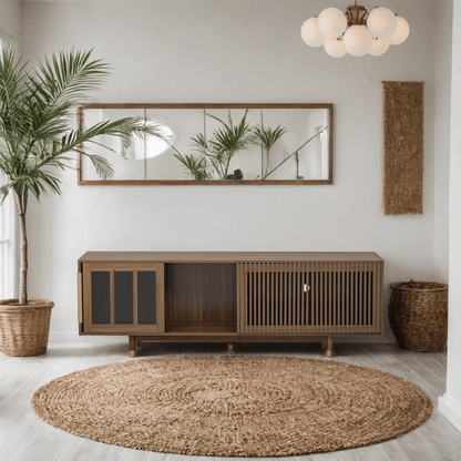 Mid - Century Modern style 2 IN 1 Cat Furniture 74' Walnut TV STAND with Sliding Flip - down glass door, Cat house Litter Box With Sisal Scratcher Board - 1st Choice Furniture Direct