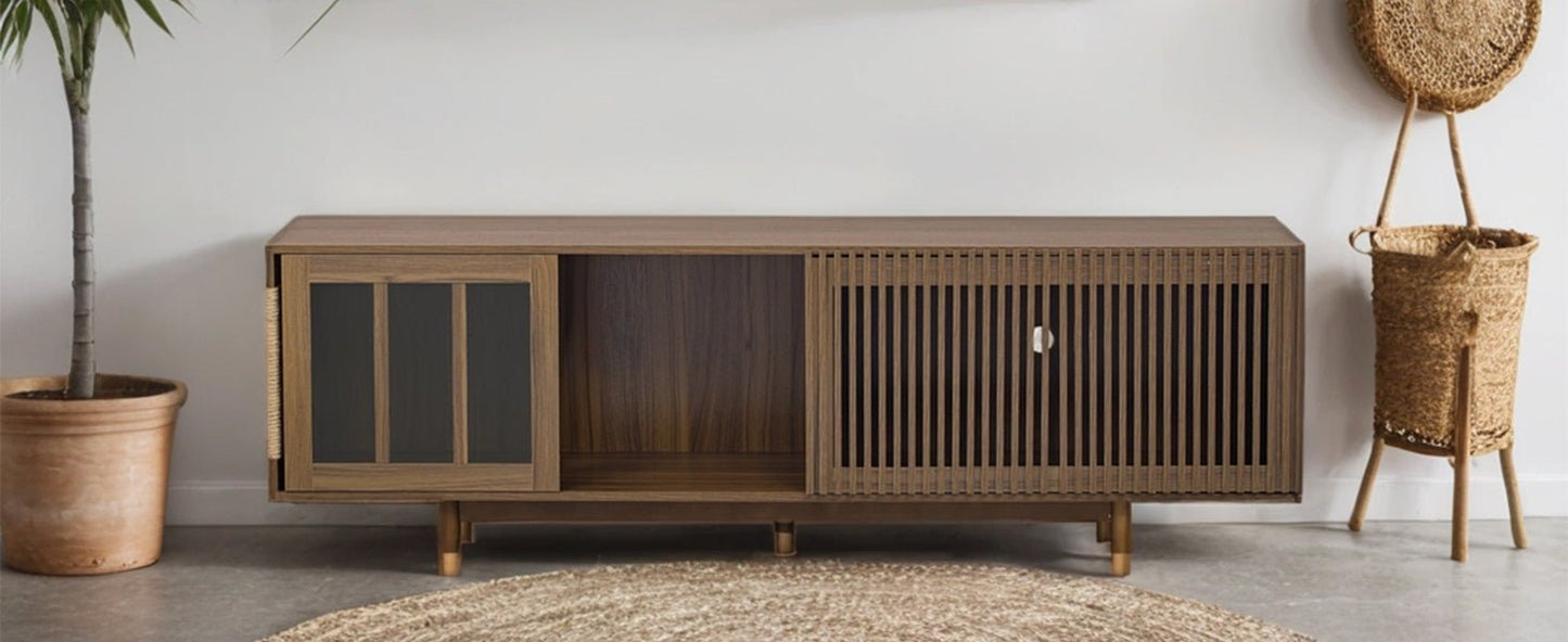 Mid - Century Modern style 2 IN 1 Cat Furniture 74' Walnut TV STAND with Sliding Flip - down glass door, Cat house Litter Box With Sisal Scratcher Board - 1st Choice Furniture Direct