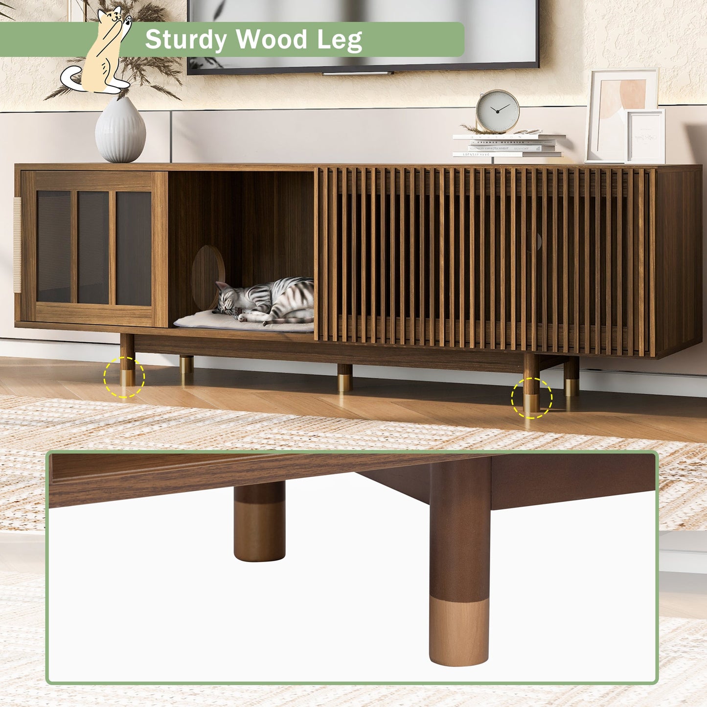 Mid - Century Modern style 2 IN 1 Cat Furniture 74' Walnut TV STAND with Sliding Flip - down glass door, Cat house Litter Box With Sisal Scratcher Board - 1st Choice Furniture Direct