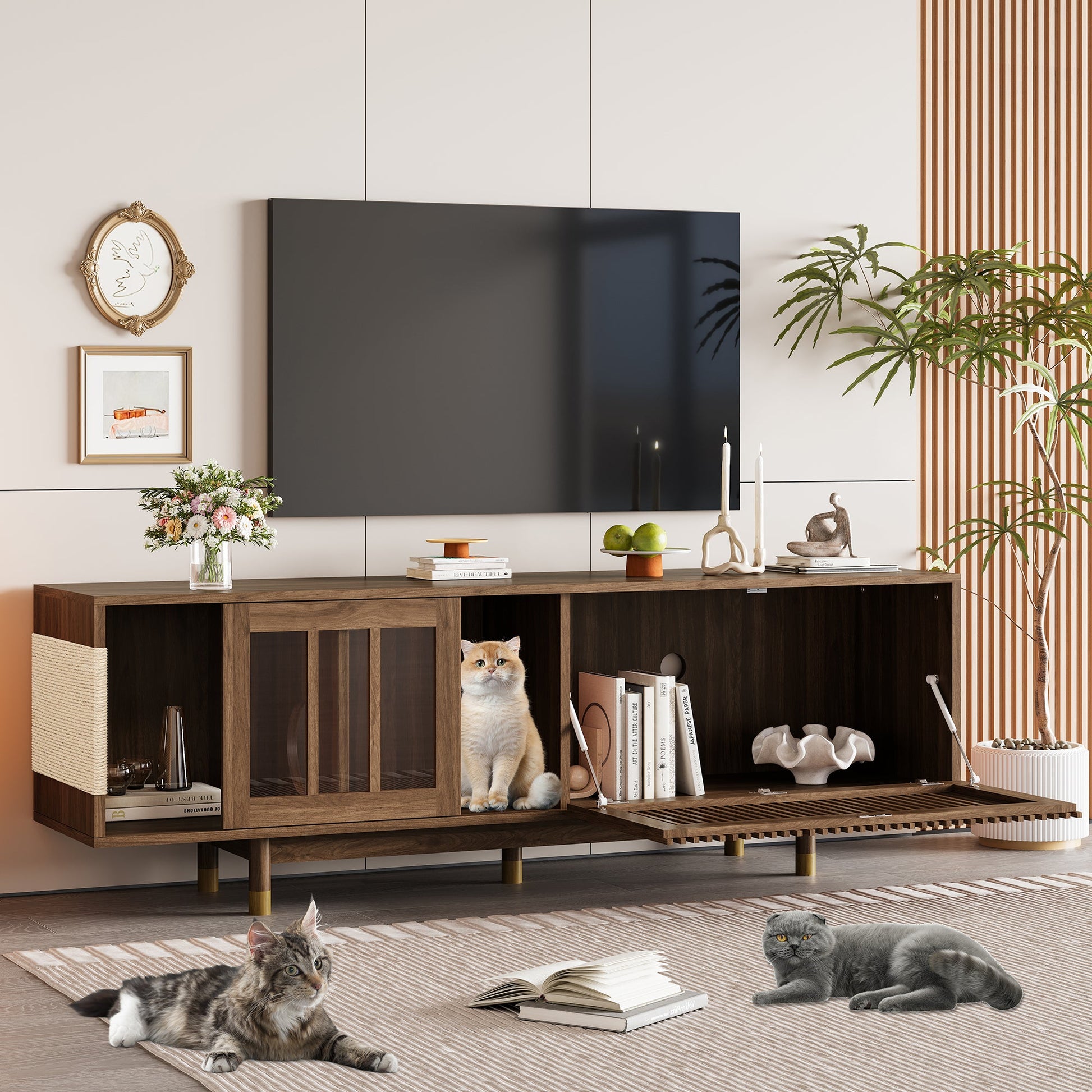 Mid - Century Modern style 2 IN 1 Cat Furniture 74' Walnut TV STAND with Sliding Flip - down glass door, Cat house Litter Box With Sisal Scratcher Board - 1st Choice Furniture Direct