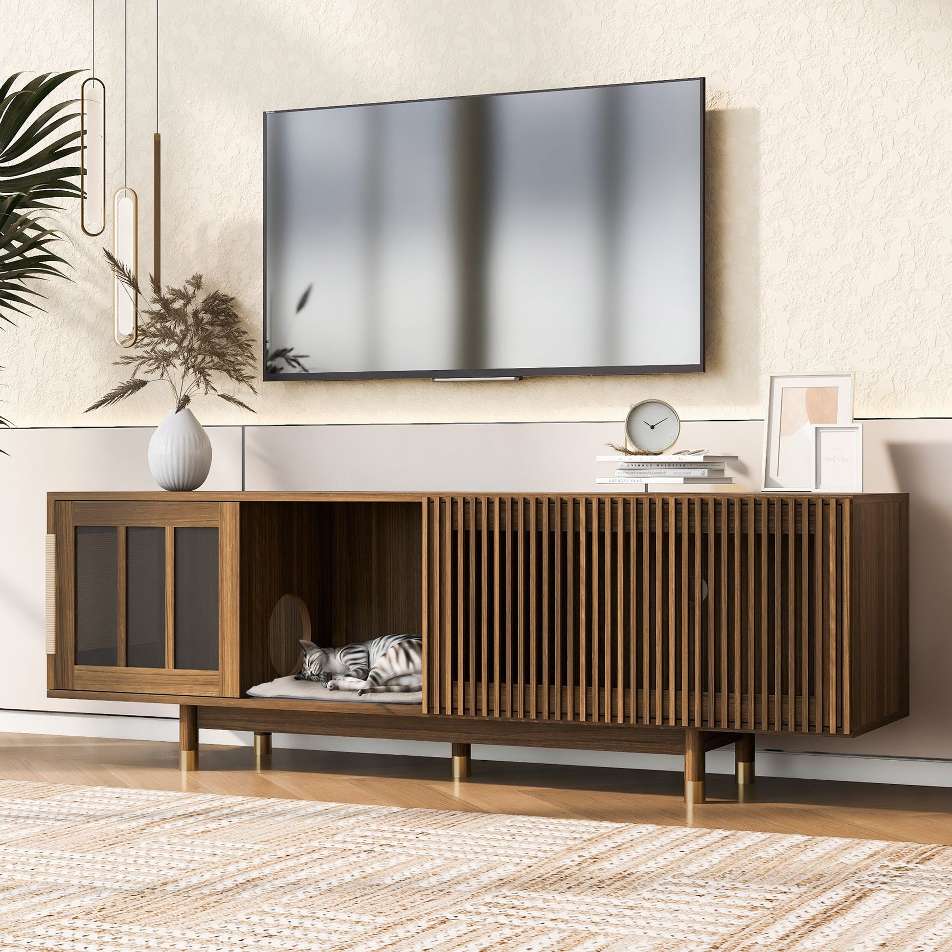Mid - Century Modern style 2 IN 1 Cat Furniture 74' Walnut TV STAND with Sliding Flip - down glass door, Cat house Litter Box With Sisal Scratcher Board - 1st Choice Furniture Direct