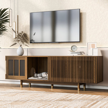 Mid - Century Modern style 2 IN 1 Cat Furniture 74' Walnut TV STAND with Sliding Flip - down glass door, Cat house Litter Box With Sisal Scratcher Board - 1st Choice Furniture Direct