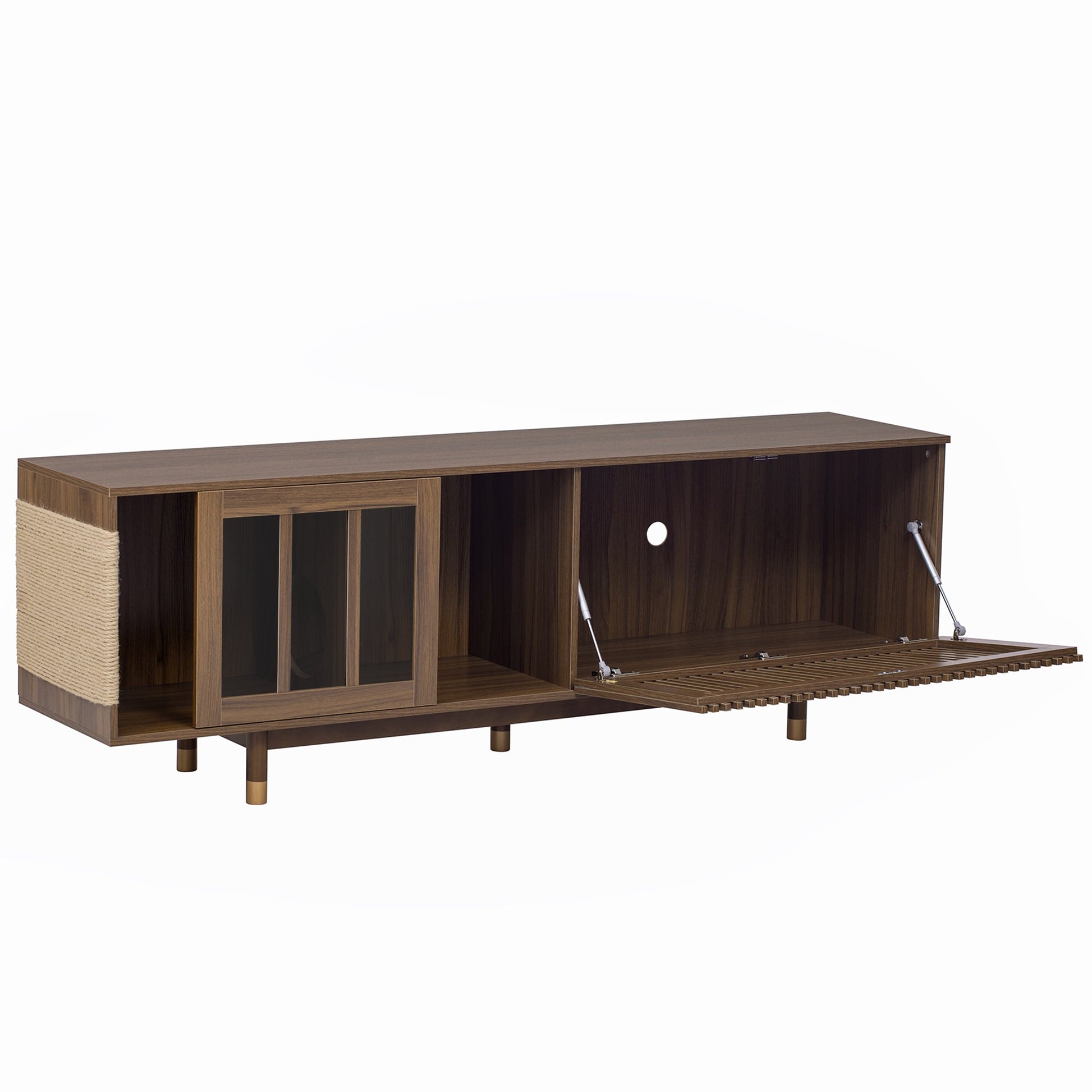Mid - Century Modern style 2 IN 1 Cat Furniture 74' Walnut TV STAND with Sliding Flip - down glass door, Cat house Litter Box With Sisal Scratcher Board - 1st Choice Furniture Direct
