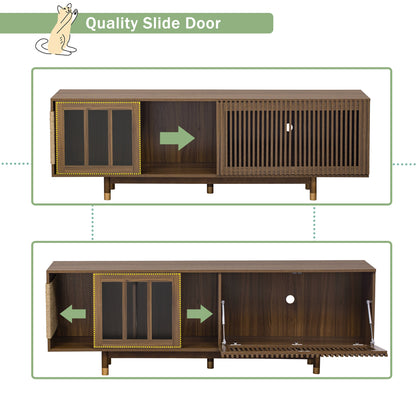 Mid - Century Modern style 2 IN 1 Cat Furniture 74' Walnut TV STAND with Sliding Flip - down glass door, Cat house Litter Box With Sisal Scratcher Board - 1st Choice Furniture Direct