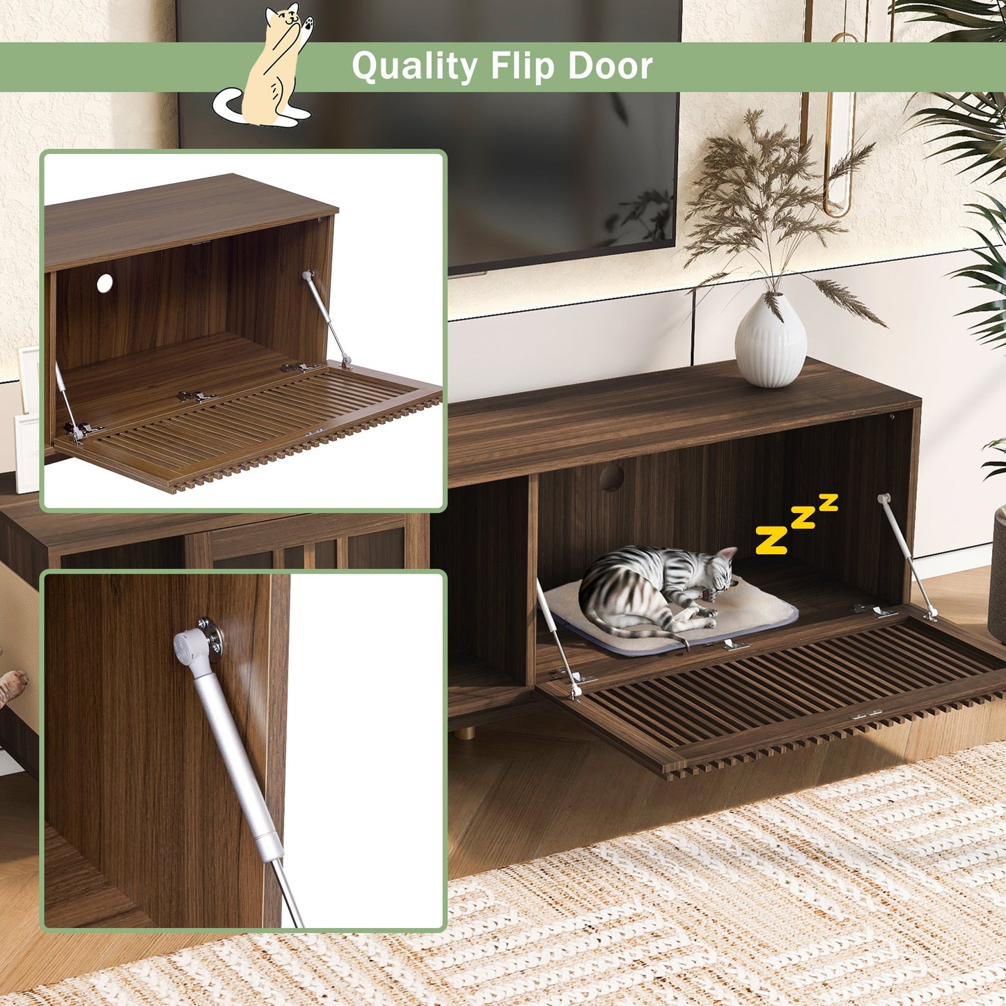 Mid - Century Modern style 2 IN 1 Cat Furniture 74' Walnut TV STAND with Sliding Flip - down glass door, Cat house Litter Box With Sisal Scratcher Board - 1st Choice Furniture Direct