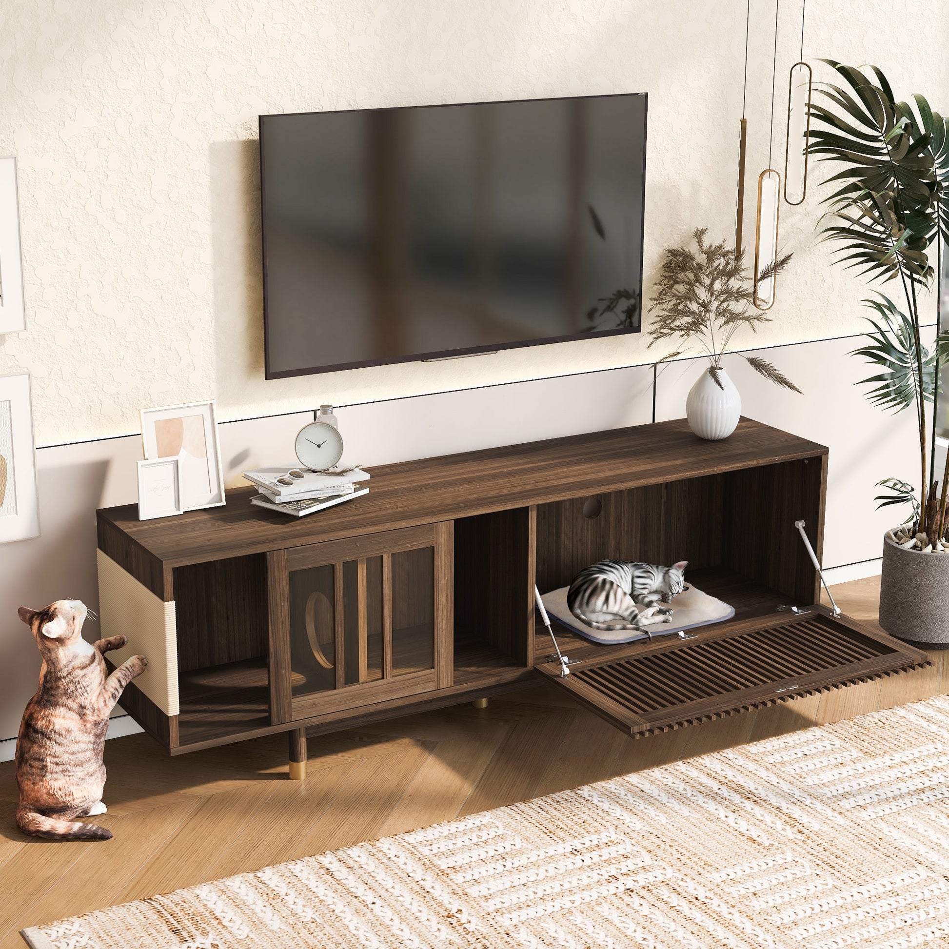 Mid - Century Modern style 2 IN 1 Cat Furniture 74' Walnut TV STAND with Sliding Flip - down glass door, Cat house Litter Box With Sisal Scratcher Board - 1st Choice Furniture Direct