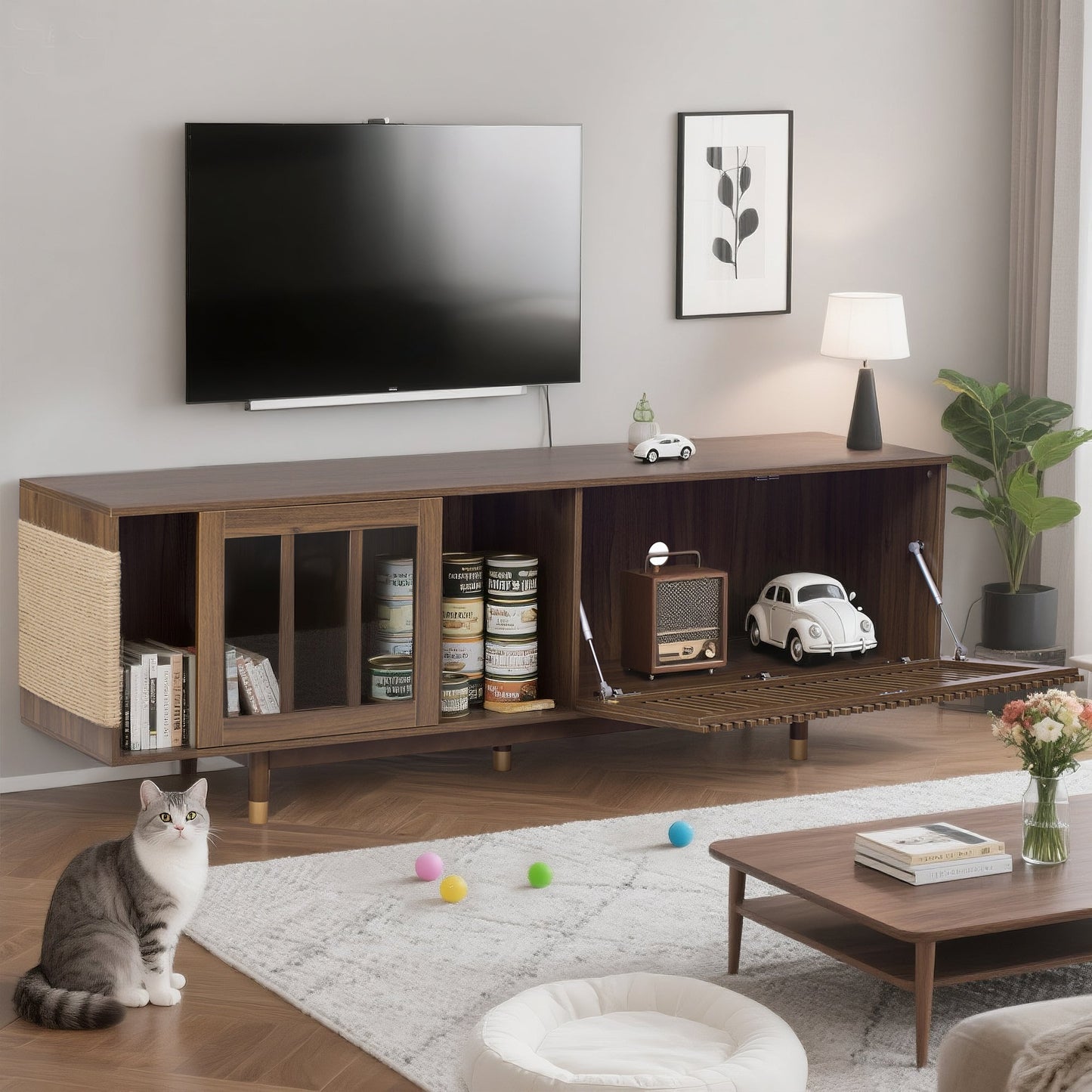 Mid - Century Modern style 2 IN 1 Cat Furniture 74' Walnut TV STAND with Sliding Flip - down glass door, Cat house Litter Box With Sisal Scratcher Board - 1st Choice Furniture Direct