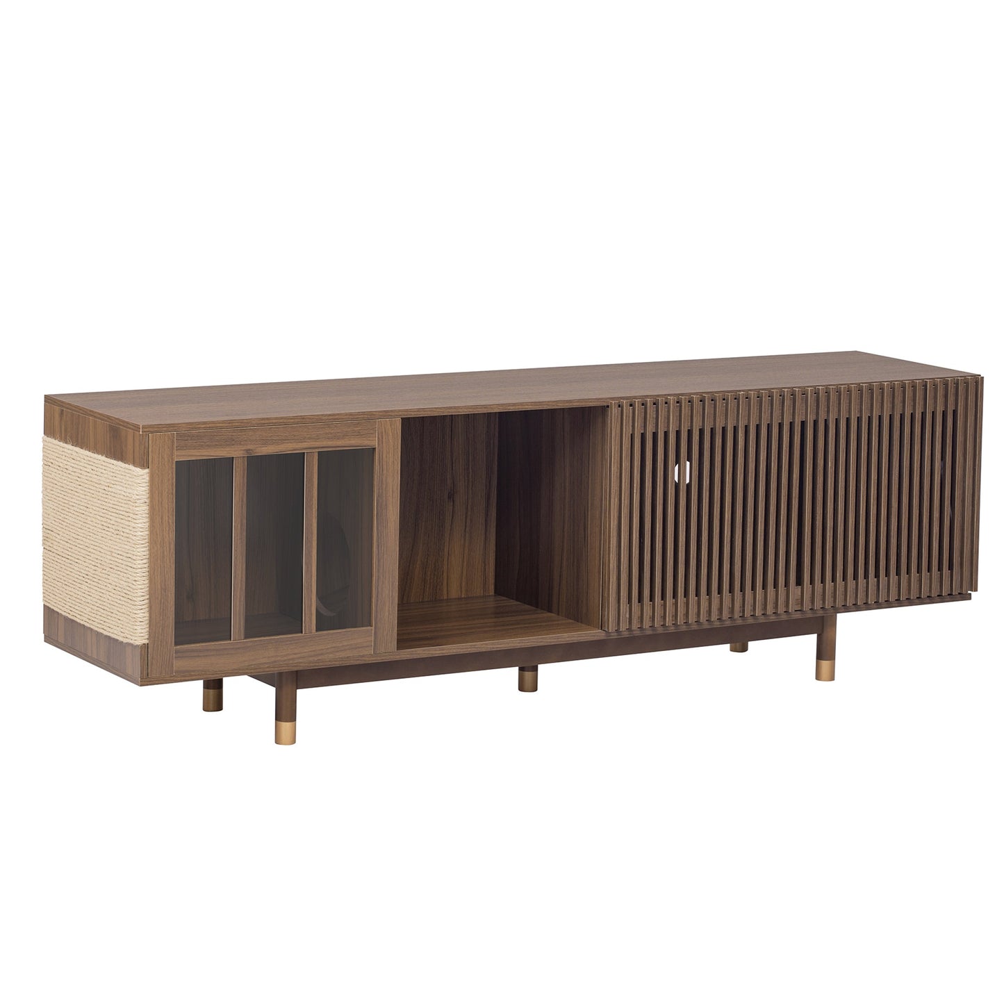 Mid - Century Modern style 2 IN 1 Cat Furniture 74' Walnut TV STAND with Sliding Flip - down glass door, Cat house Litter Box With Sisal Scratcher Board - 1st Choice Furniture Direct