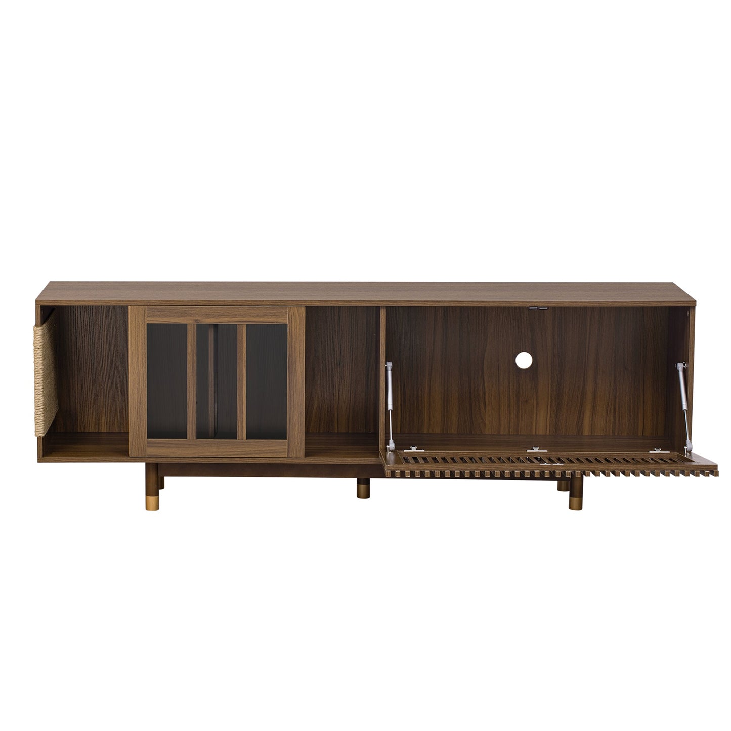Mid - Century Modern style 2 IN 1 Cat Furniture 74' Walnut TV STAND with Sliding Flip - down glass door, Cat house Litter Box With Sisal Scratcher Board - 1st Choice Furniture Direct