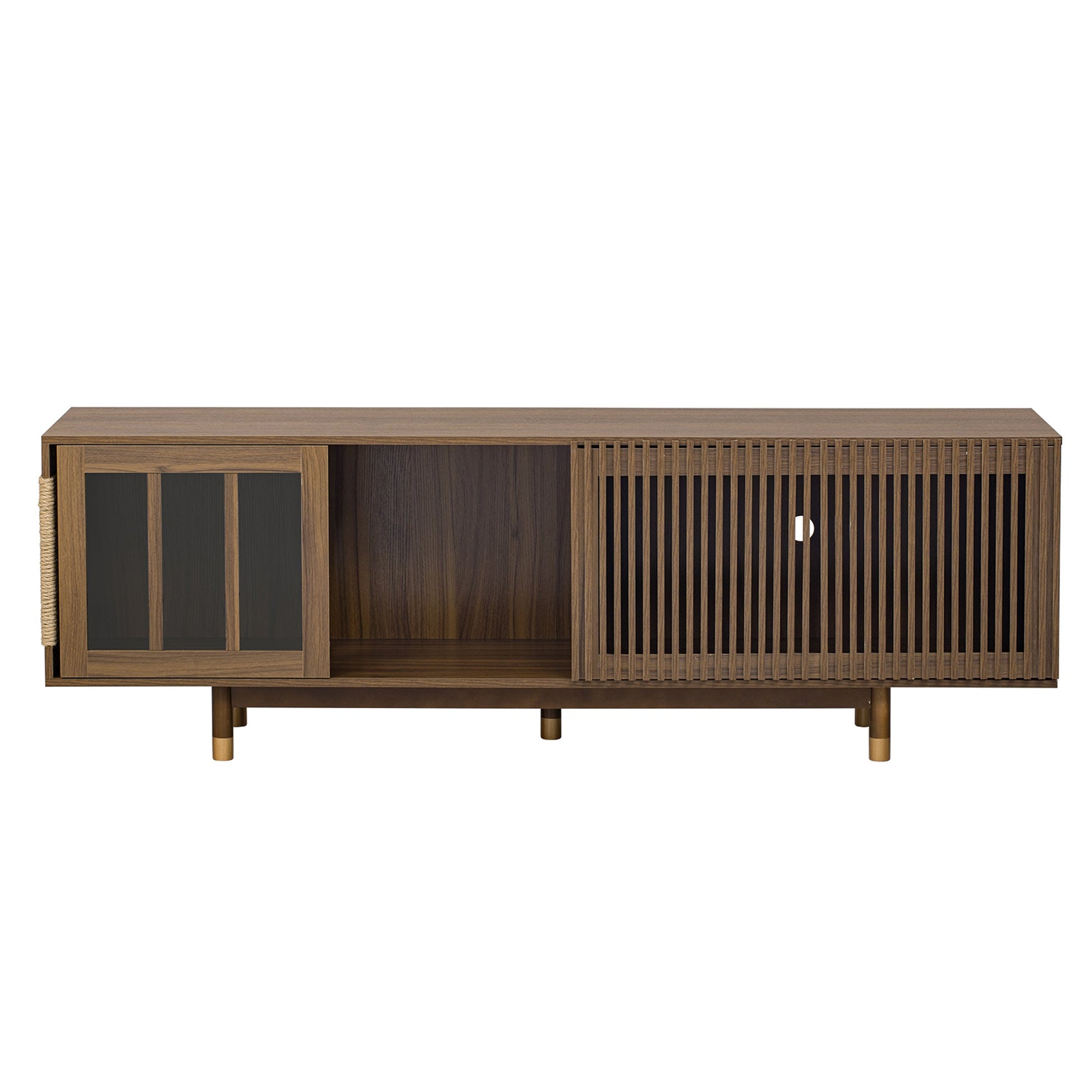 Mid - Century Modern style 2 IN 1 Cat Furniture 74' Walnut TV STAND with Sliding Flip - down glass door, Cat house Litter Box With Sisal Scratcher Board - 1st Choice Furniture Direct