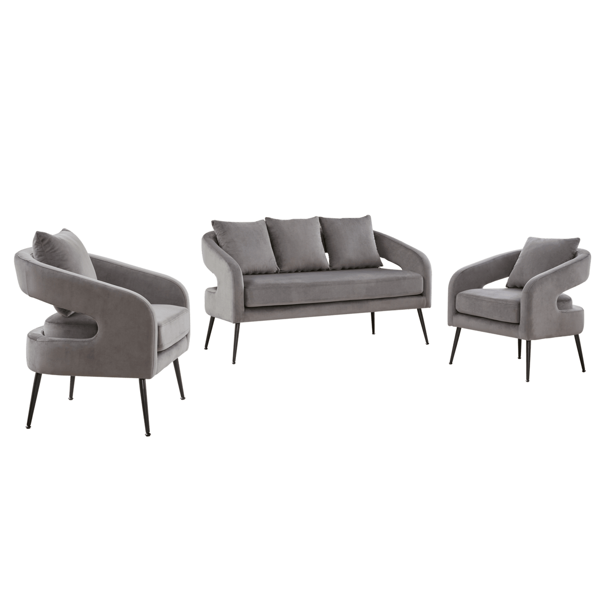 Mid Century Modern Velvet 3-Piece Living Room Set with Metal Legs in Charcoal, Loveseat & 2 Accent Chairs, Upholstered in Soft Velvet, Solid Wood Frame, Round Arms, Black Metal Legs - 1st Choice Furniture Direct
