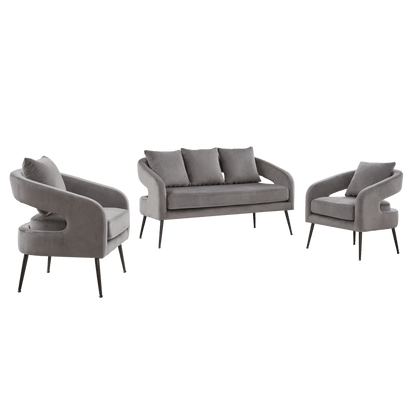 Mid Century Modern Velvet 3-Piece Living Room Set with Metal Legs in Charcoal, Loveseat & 2 Accent Chairs, Upholstered in Soft Velvet, Solid Wood Frame, Round Arms, Black Metal Legs - 1st Choice Furniture Direct