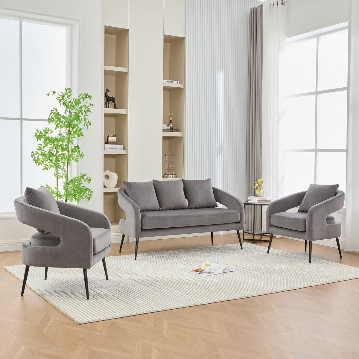 Mid Century Modern Velvet 3-Piece Living Room Set with Metal Legs in Charcoal, Loveseat & 2 Accent Chairs, Upholstered in Soft Velvet, Solid Wood Frame, Round Arms, Black Metal Legs - 1st Choice Furniture Direct
