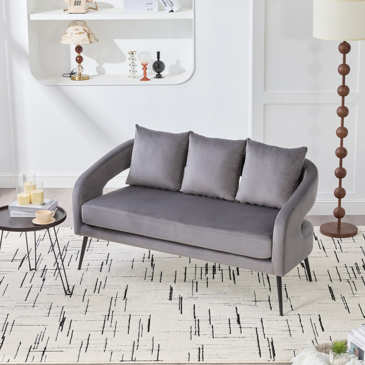 Mid Century Modern Velvet 3-Piece Living Room Set with Metal Legs in Charcoal, Loveseat & 2 Accent Chairs, Upholstered in Soft Velvet, Solid Wood Frame, Round Arms, Black Metal Legs - 1st Choice Furniture Direct
