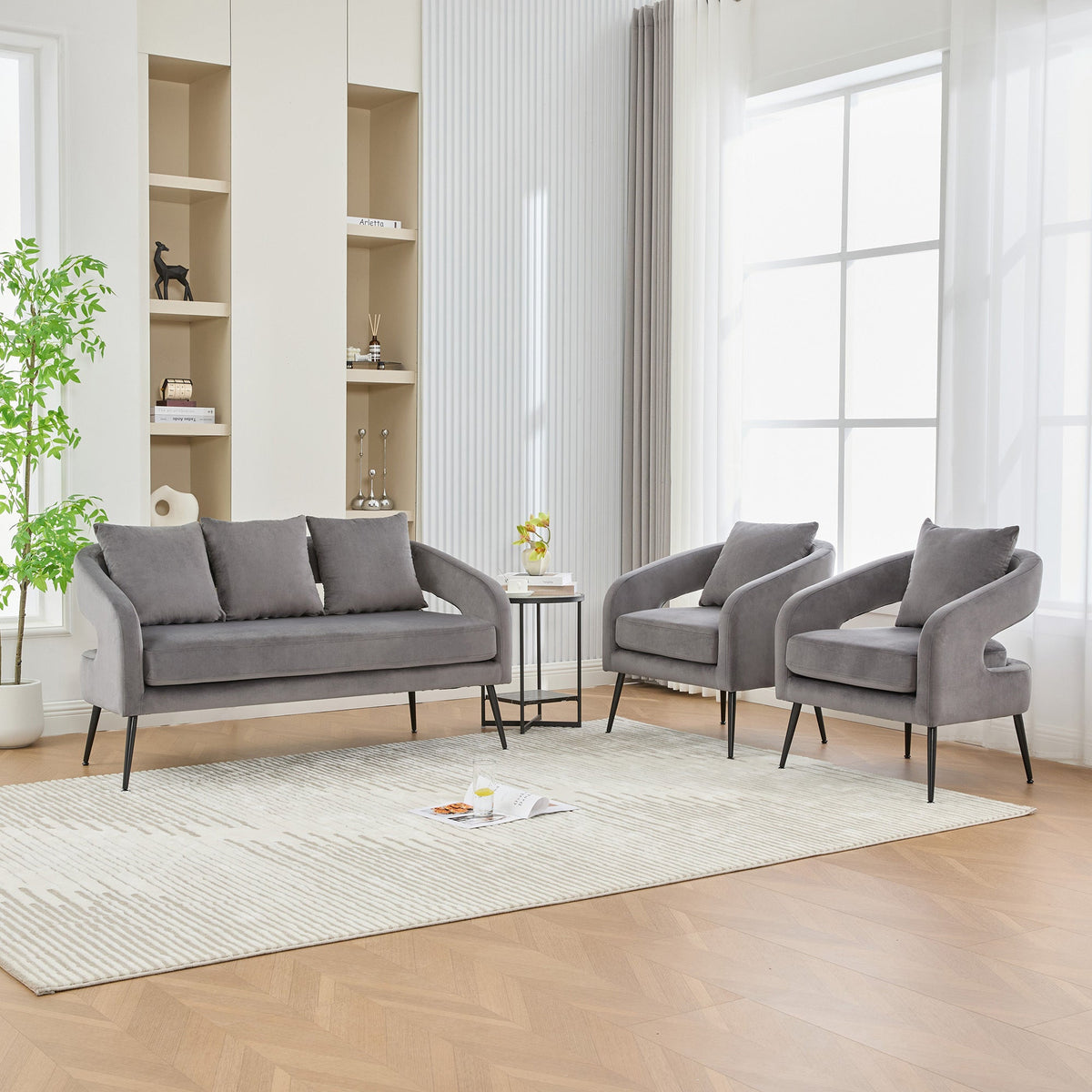 Mid Century Modern Velvet 3-Piece Living Room Set with Metal Legs in Charcoal, Loveseat & 2 Accent Chairs, Upholstered in Soft Velvet, Solid Wood Frame, Round Arms, Black Metal Legs - 1st Choice Furniture Direct