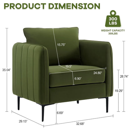 Mid - Century Modern Velvet Accent Chair with Metal Legs and Pillow for Living Room, Green Upholstered Sofa Chair in Soft Velvet and Steel Frame - 1st Choice Furniture Direct