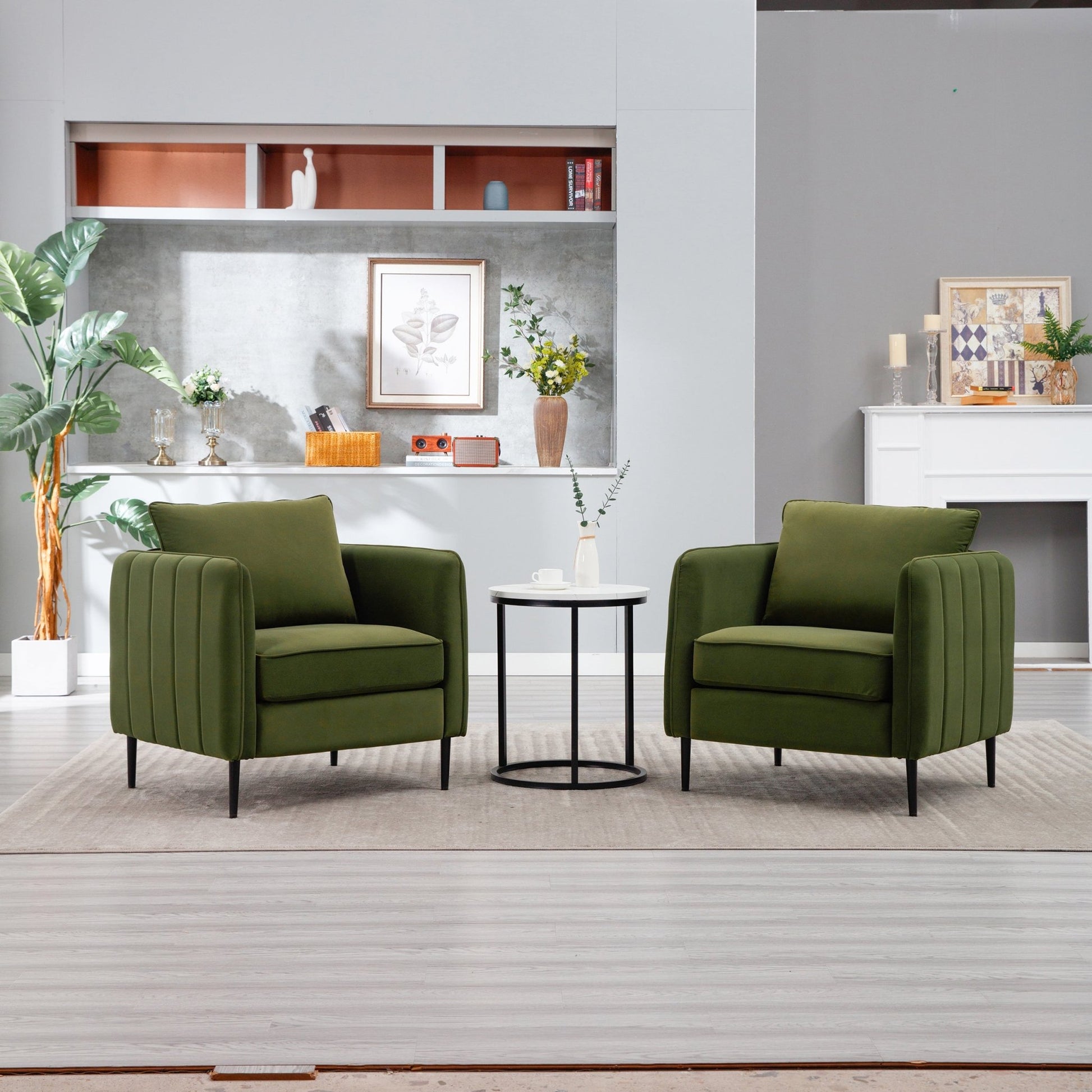 Mid - Century Modern Velvet Accent Chair with Metal Legs and Pillow for Living Room, Green Upholstered Sofa Chair in Soft Velvet and Steel Frame - 1st Choice Furniture Direct