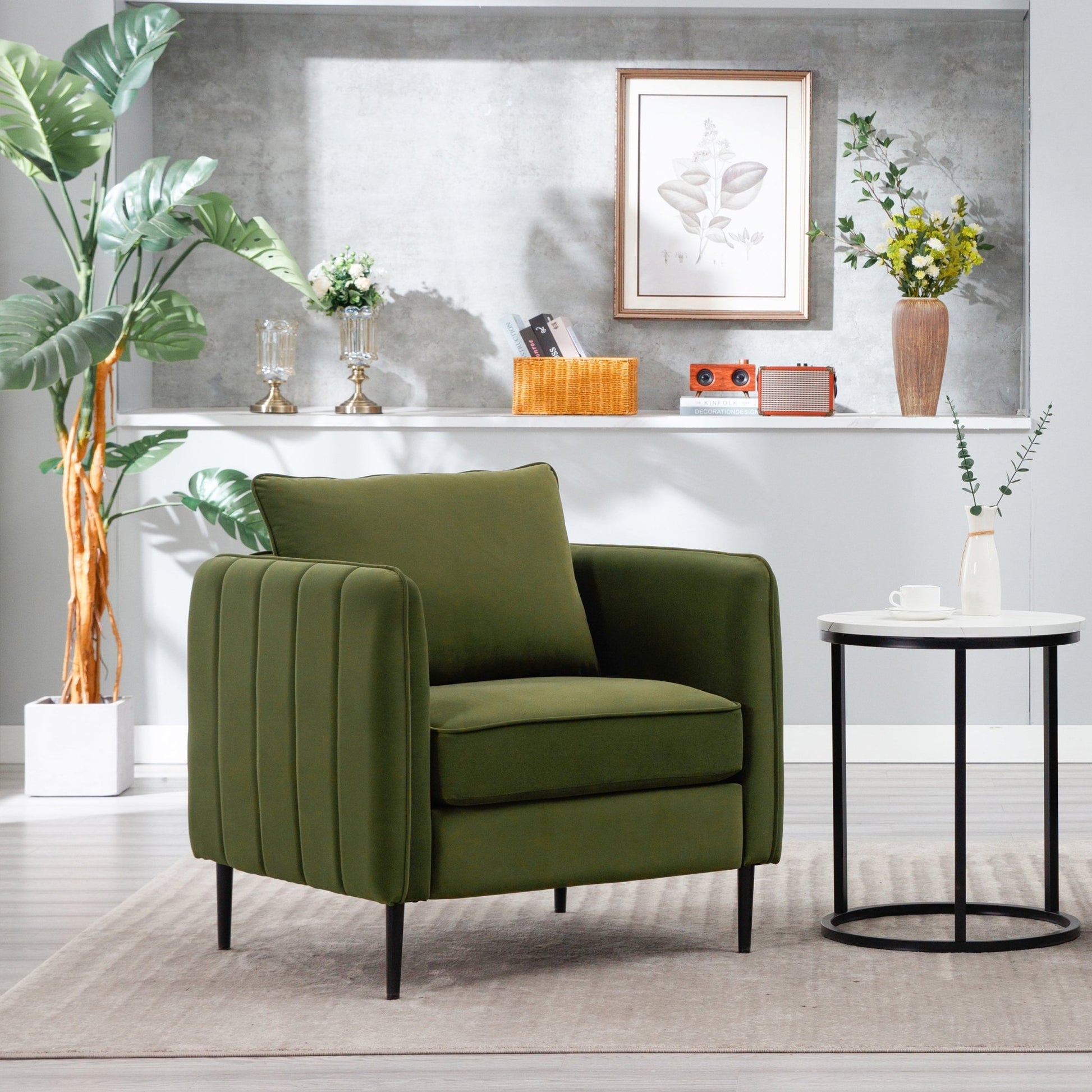 Mid - Century Modern Velvet Accent Chair with Metal Legs and Pillow for Living Room, Green Upholstered Sofa Chair in Soft Velvet and Steel Frame - 1st Choice Furniture Direct