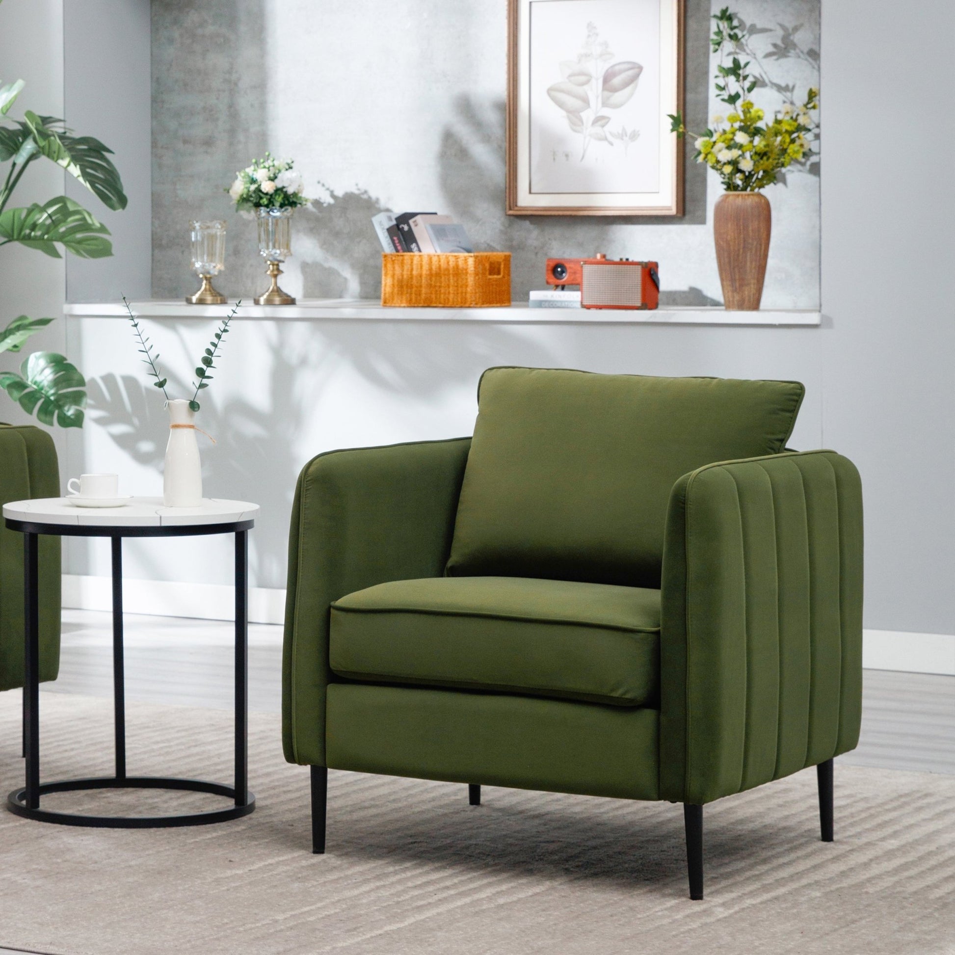 Mid - Century Modern Velvet Accent Chair with Metal Legs and Pillow for Living Room, Green Upholstered Sofa Chair in Soft Velvet and Steel Frame - 1st Choice Furniture Direct
