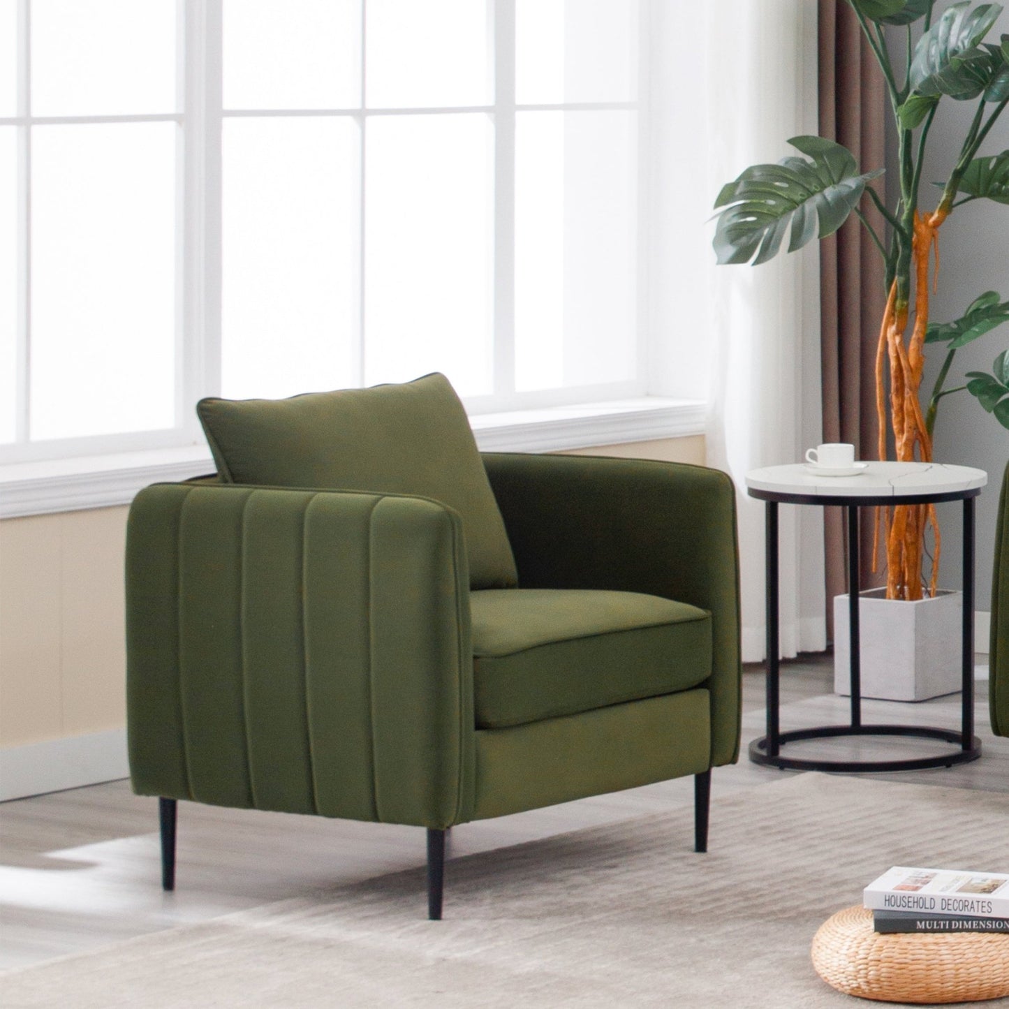 Mid - Century Modern Velvet Accent Chair with Metal Legs and Pillow for Living Room, Green Upholstered Sofa Chair in Soft Velvet and Steel Frame - 1st Choice Furniture Direct