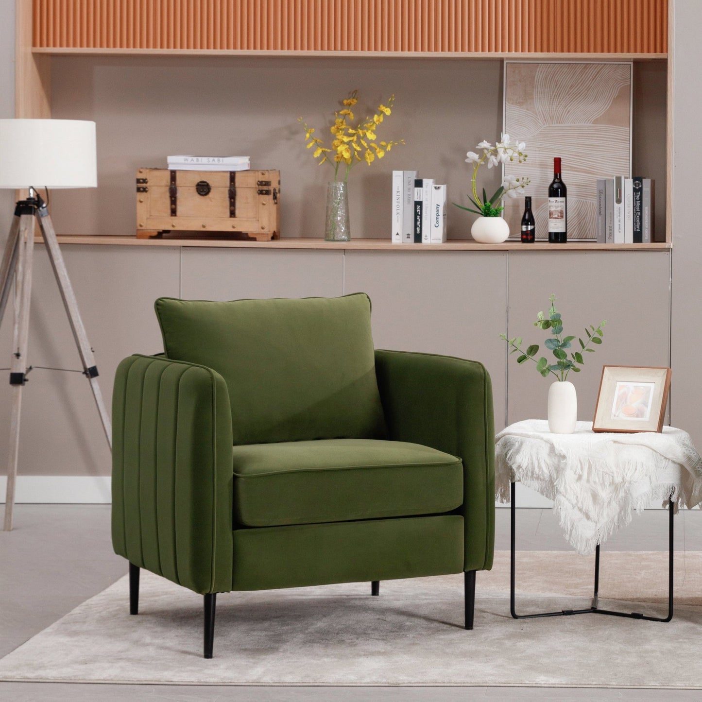 Mid - Century Modern Velvet Accent Chair with Metal Legs and Pillow for Living Room, Green Upholstered Sofa Chair in Soft Velvet and Steel Frame - 1st Choice Furniture Direct