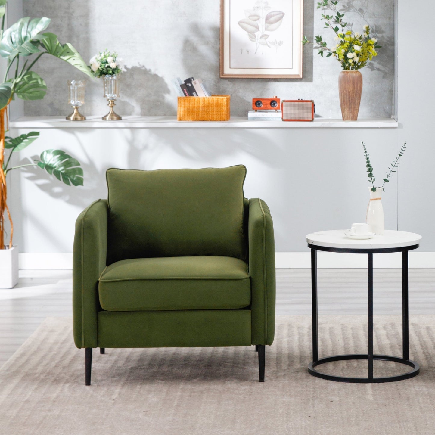 Mid - Century Modern Velvet Accent Chair with Metal Legs and Pillow for Living Room, Green Upholstered Sofa Chair in Soft Velvet and Steel Frame - 1st Choice Furniture Direct
