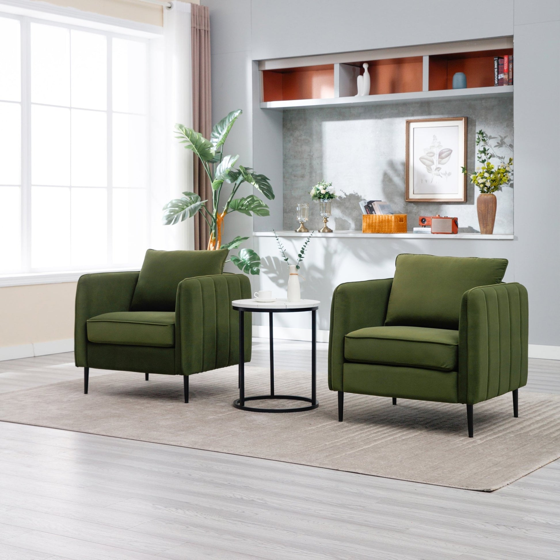 Mid - Century Modern Velvet Accent Chair with Metal Legs and Pillow for Living Room, Green Upholstered Sofa Chair in Soft Velvet and Steel Frame - 1st Choice Furniture Direct