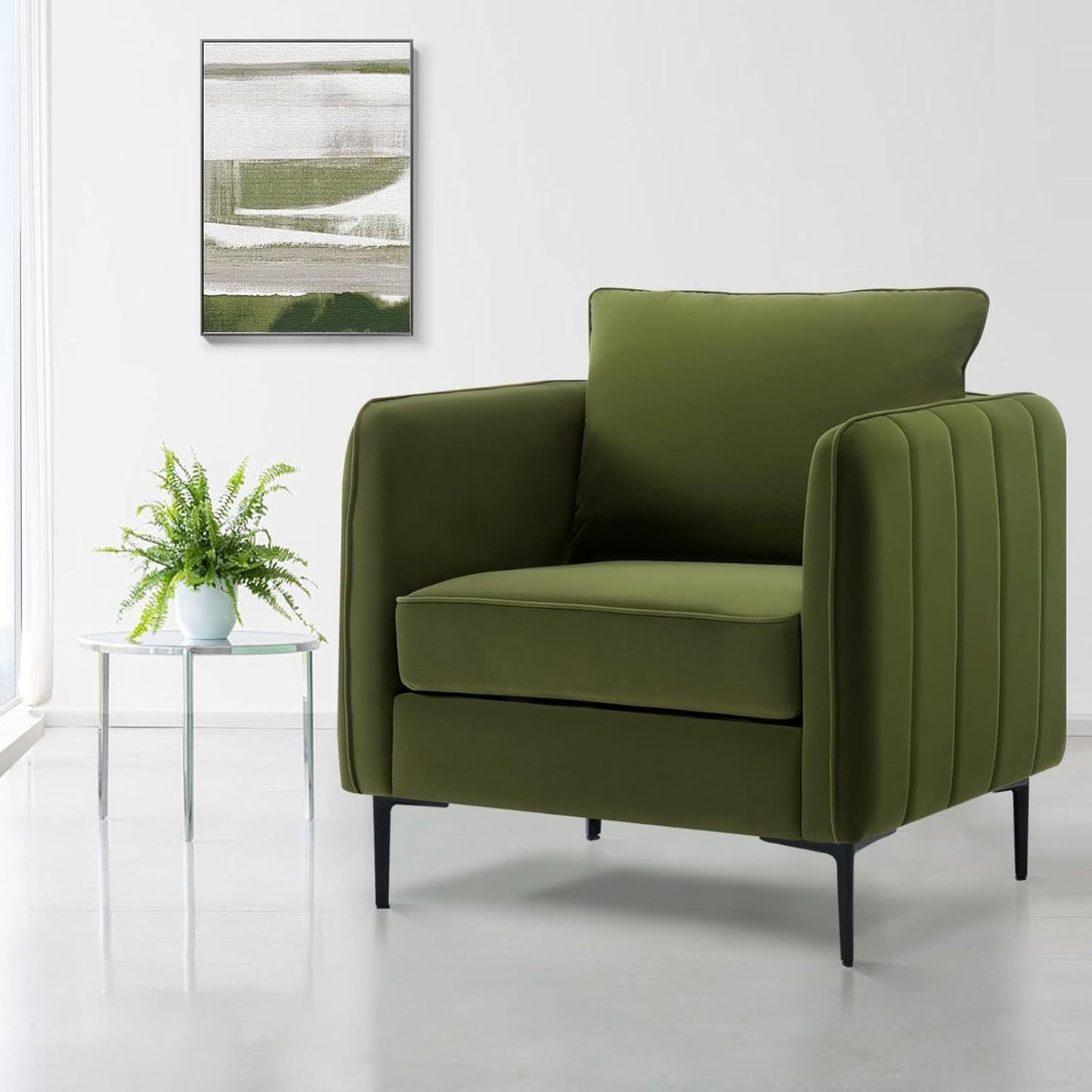 Mid - Century Modern Velvet Accent Chair with Metal Legs and Pillow for Living Room, Green Upholstered Sofa Chair in Soft Velvet and Steel Frame - 1st Choice Furniture Direct