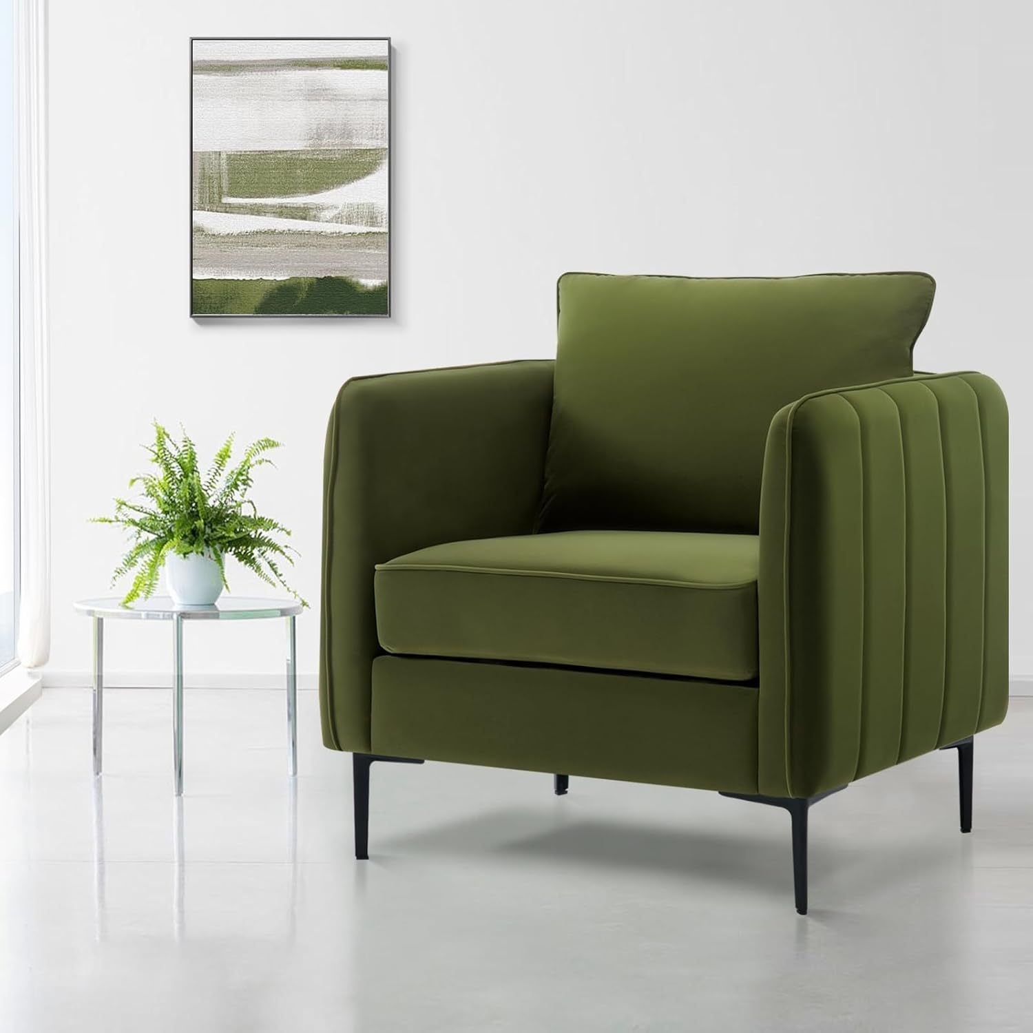 Mid - Century Modern Velvet Accent Chair with Metal Legs and Pillow for Living Room, Green Upholstered Sofa Chair in Soft Velvet and Steel Frame - 1st Choice Furniture Direct