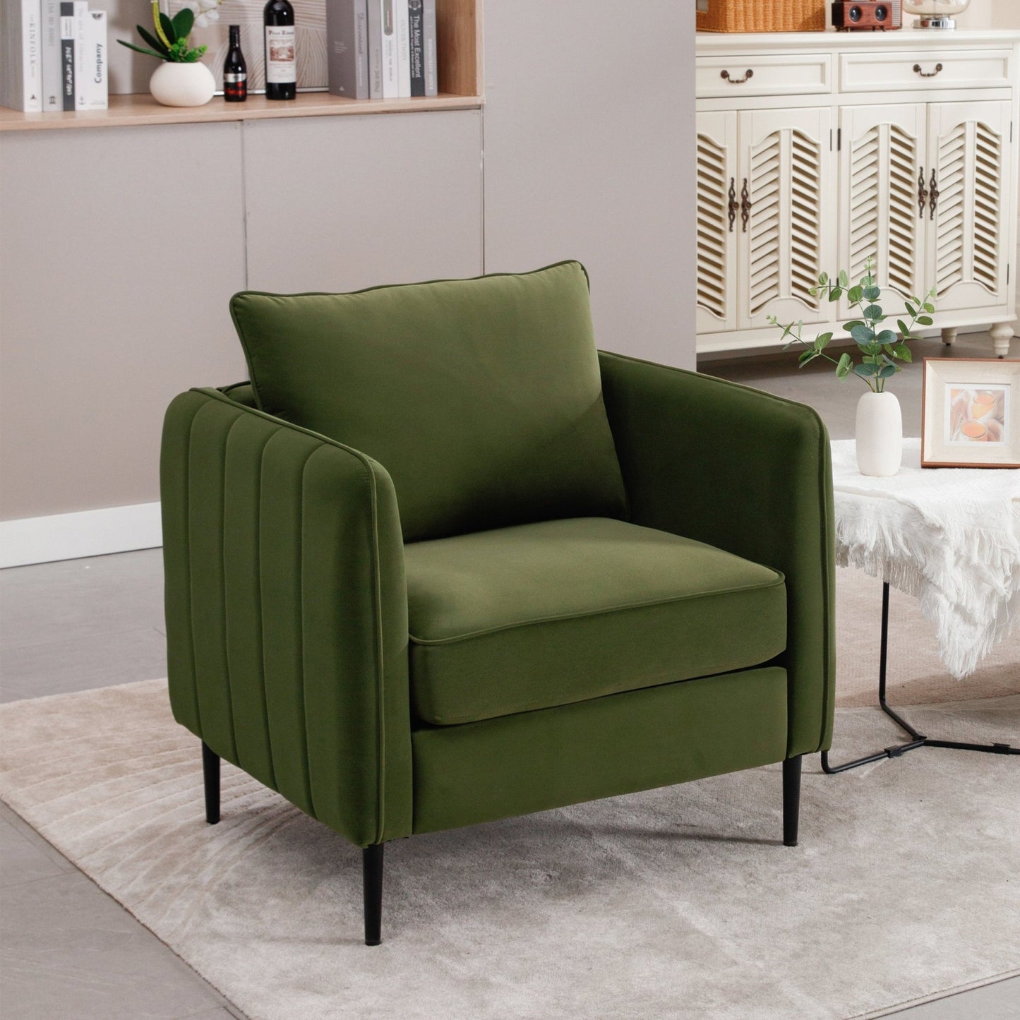 Mid - Century Modern Velvet Accent Chair with Metal Legs and Pillow for Living Room, Green Upholstered Sofa Chair in Soft Velvet and Steel Frame - 1st Choice Furniture Direct