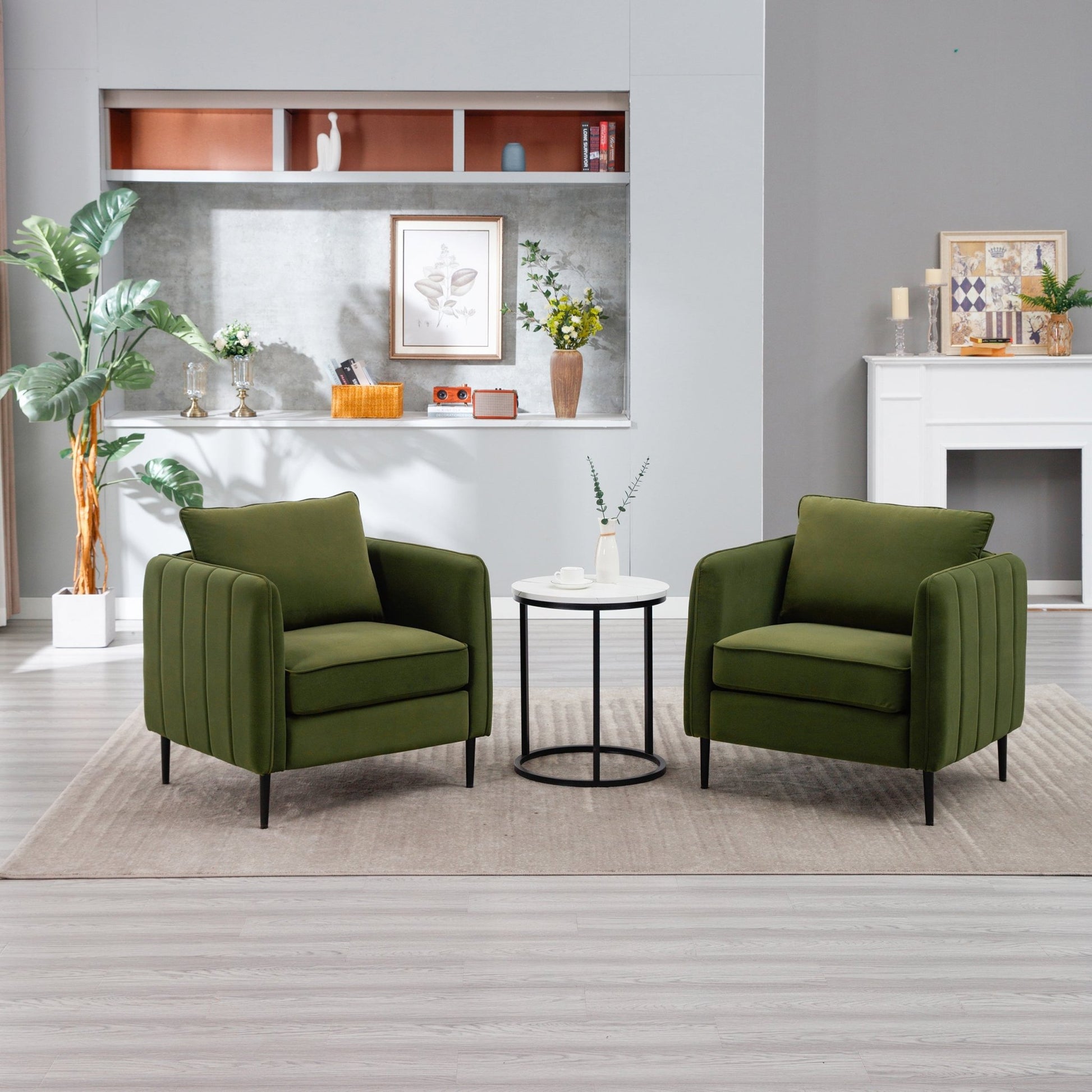 Mid - Century Modern Velvet Accent Chair with Metal Legs and Pillow for Living Room, Green Upholstered Sofa Chair in Soft Velvet and Steel Frame - 1st Choice Furniture Direct