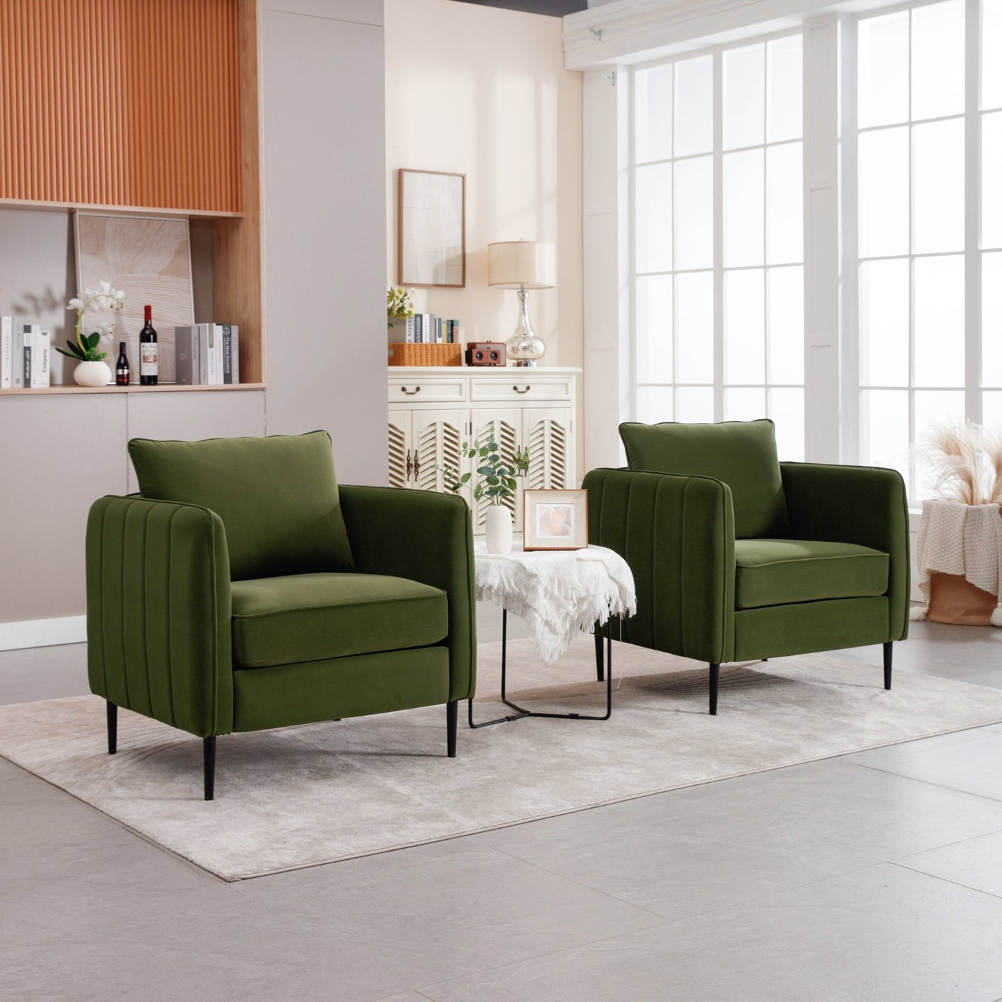 Mid - Century Modern Velvet Accent Chair with Metal Legs and Pillow for Living Room, Green Upholstered Sofa Chair in Soft Velvet and Steel Frame - 1st Choice Furniture Direct