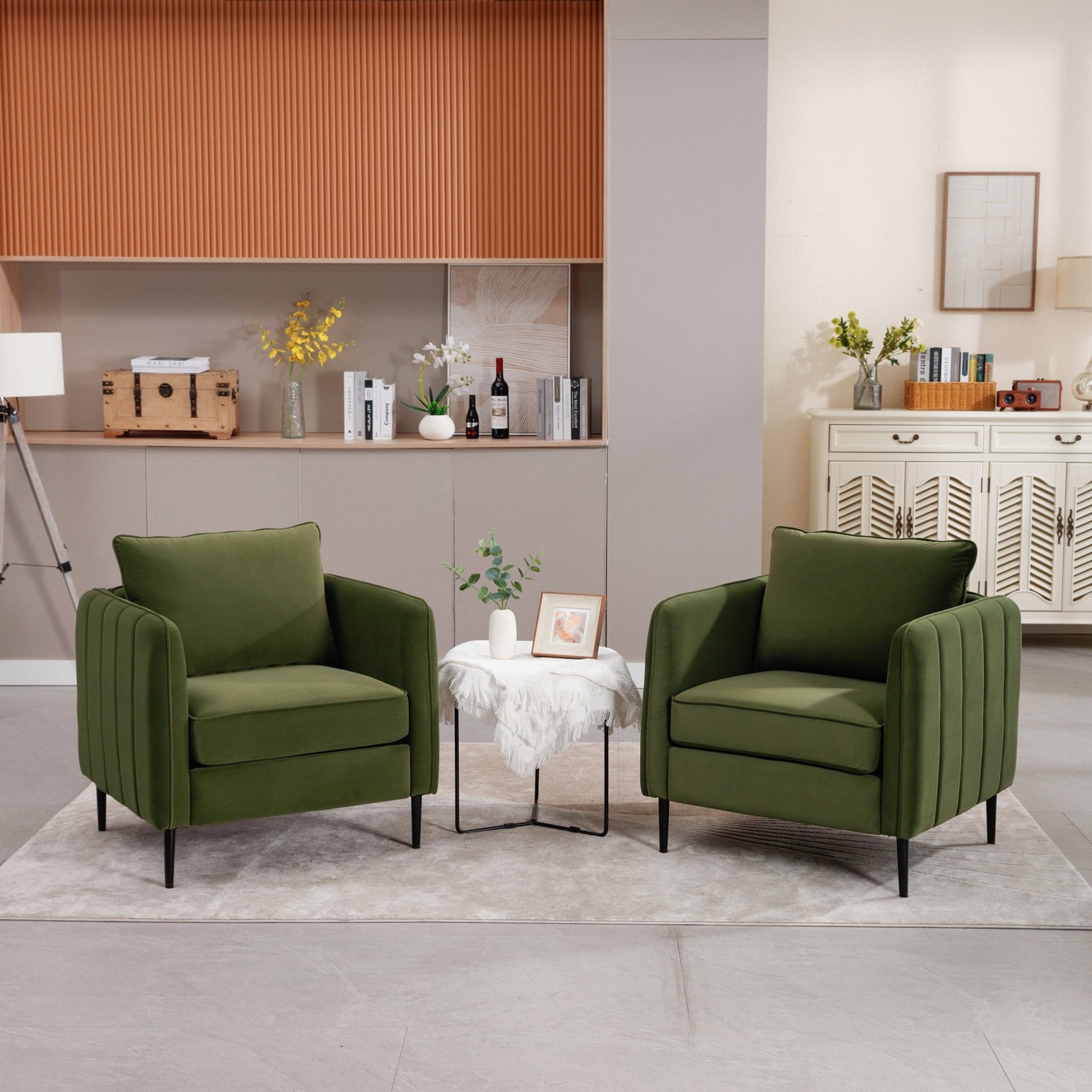 Mid - Century Modern Velvet Accent Chair with Metal Legs and Pillow for Living Room, Green Upholstered Sofa Chair in Soft Velvet and Steel Frame - 1st Choice Furniture Direct