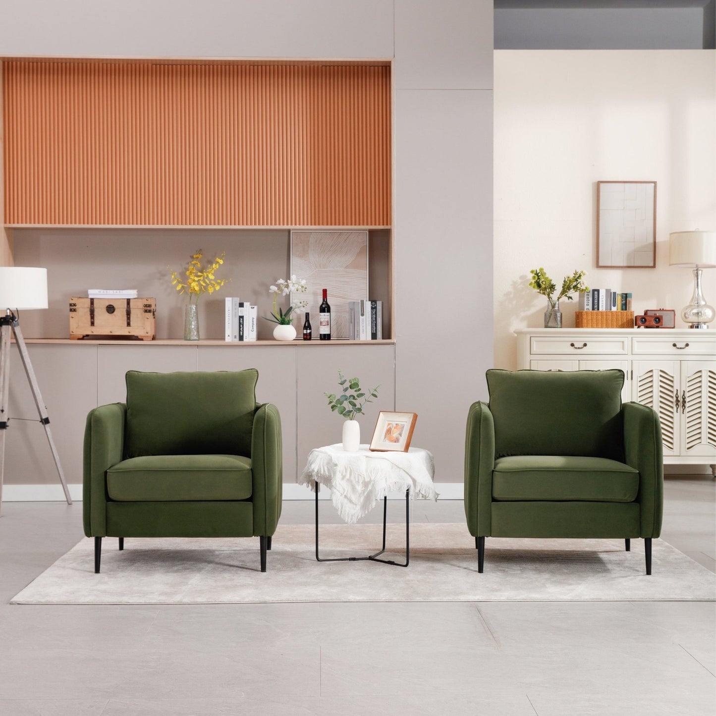 Mid - Century Modern Velvet Accent Chair with Metal Legs and Pillow for Living Room, Green Upholstered Sofa Chair in Soft Velvet and Steel Frame - 1st Choice Furniture Direct