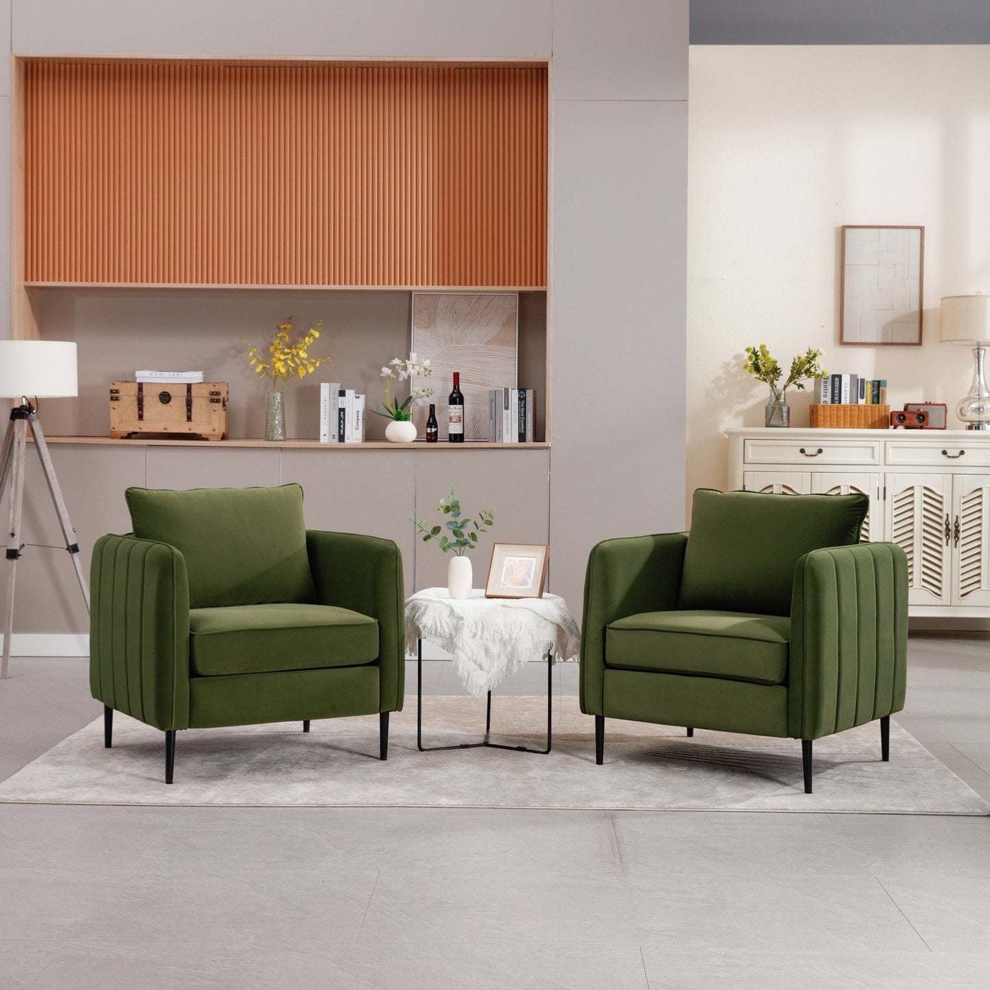 Mid - Century Modern Velvet Accent Chair with Metal Legs and Pillow for Living Room, Green Upholstered Sofa Chair in Soft Velvet and Steel Frame - 1st Choice Furniture Direct