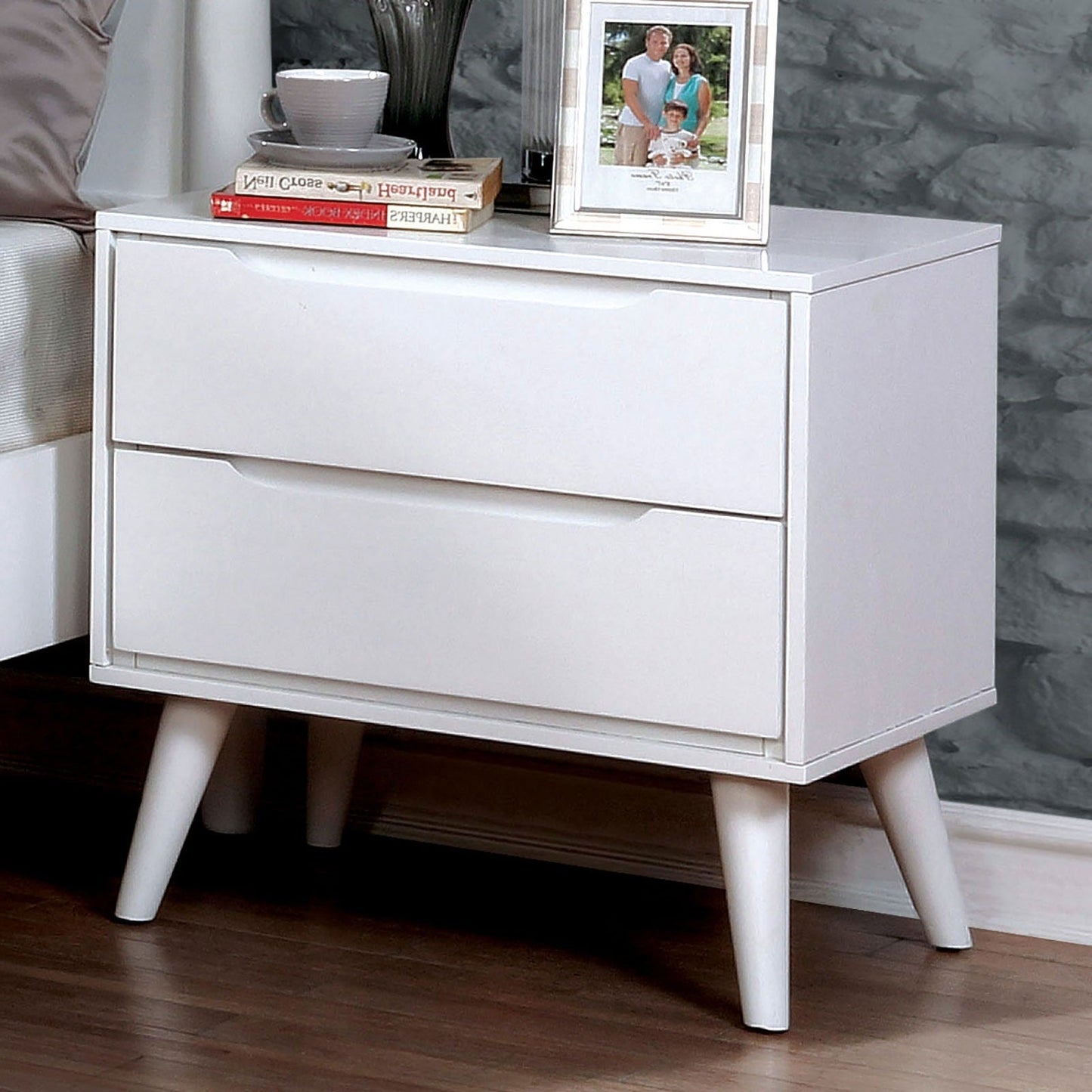 Mid - Century Modern White Nightstand | 2 Drawer Solid Wood Bedside Table - 1st Choice Furniture Direct