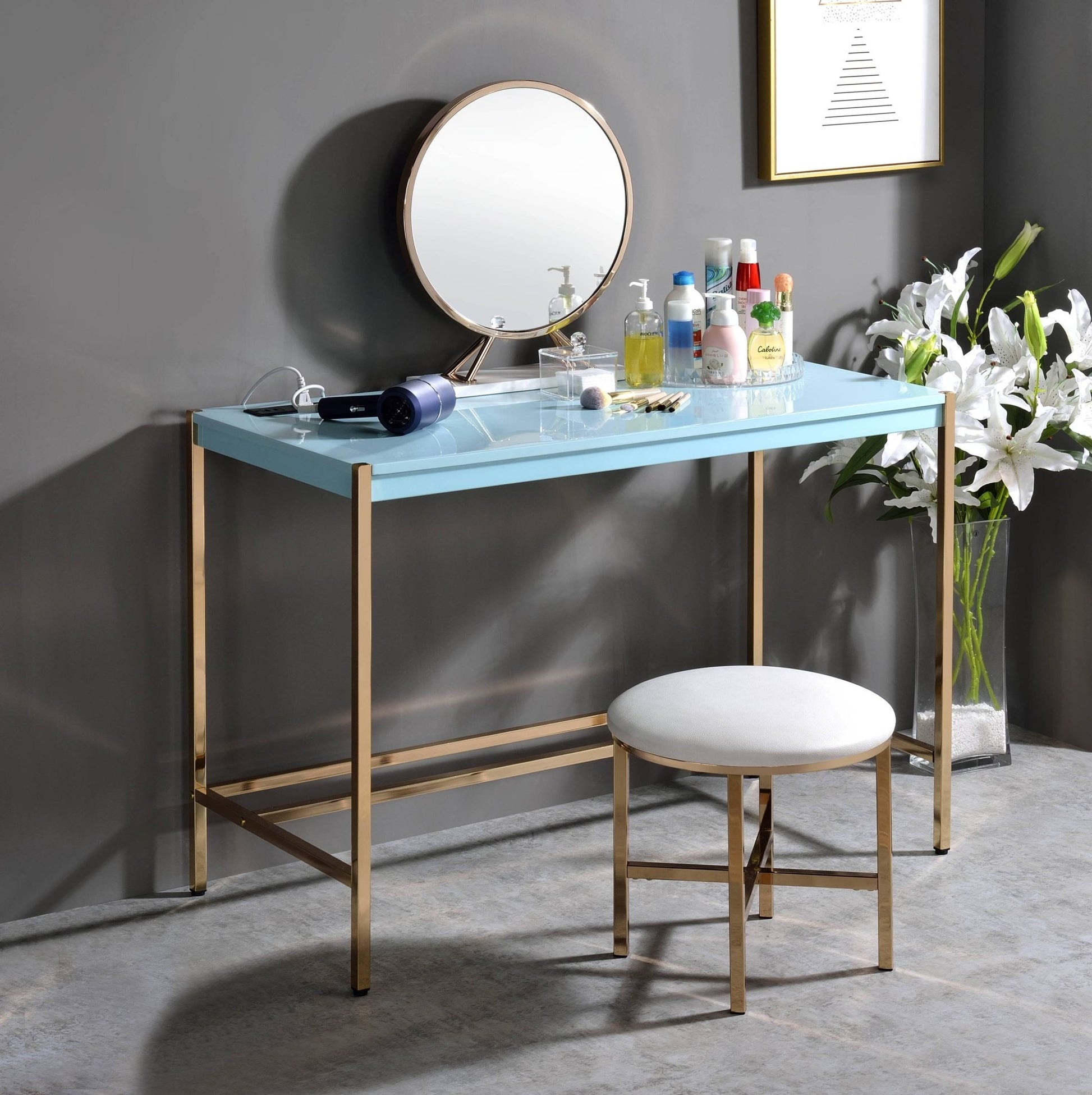 Midriaks Baby Blue & Gold Finish Writing Desk W/USB - 1st Choice Furniture Direct