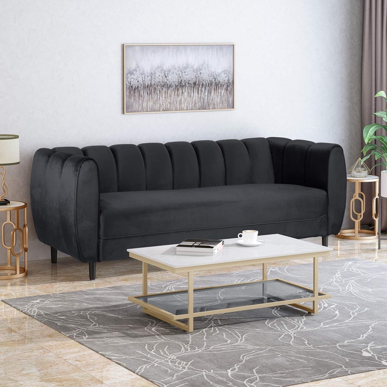 Miranda Modern Glam Velvet 3 - Seater Sofa in Black with Birch Wood Legs - 1st Choice Furniture Direct