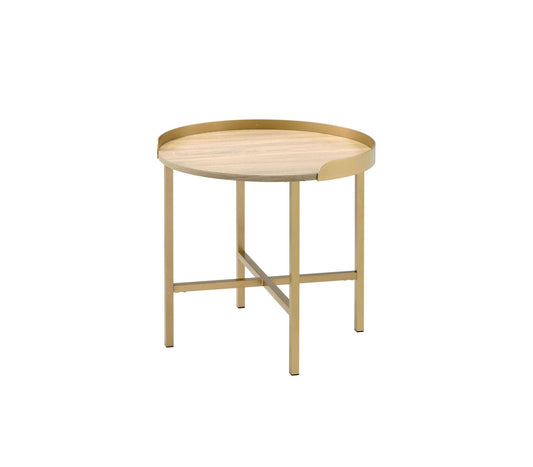 Mithea Oak Table Top & Gold Finish End Table - 1st Choice Furniture Direct